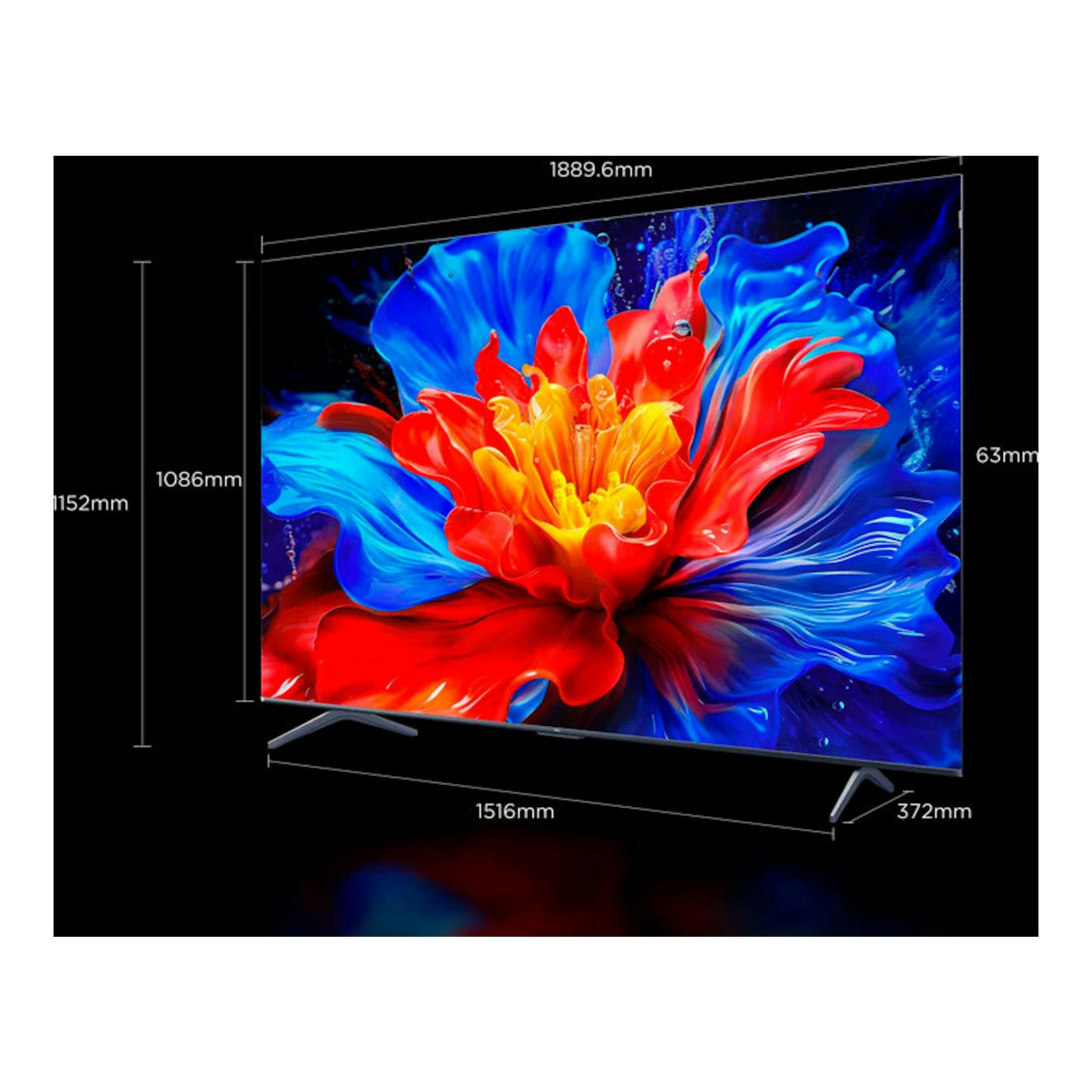 TV TCL 85P8K QLED 4K de 85", en perspectiva, sobre fondo negro, con imagen abstracta multicolor.