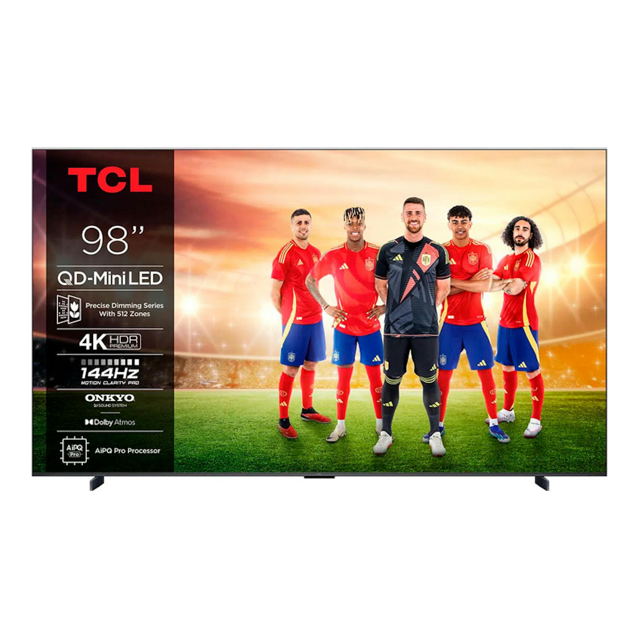 TV TCL 98C6K MiniLED 4K de 98 pulgadas, vista frontal, con jugadores de fútbol en pantalla.