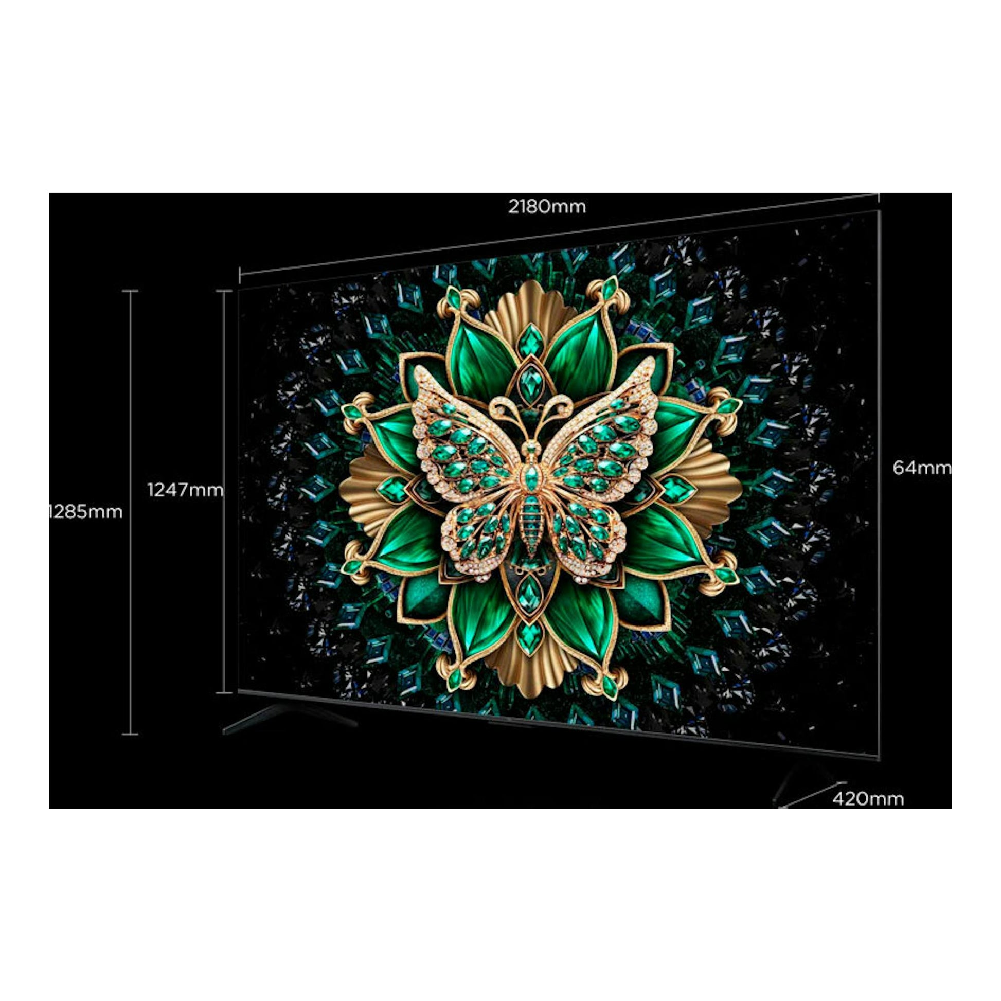 TCL 98C6K MiniLED 4K de 98", vista en ángulo, pantalla negra con mariposa verde y dorada, medidas señaladas.