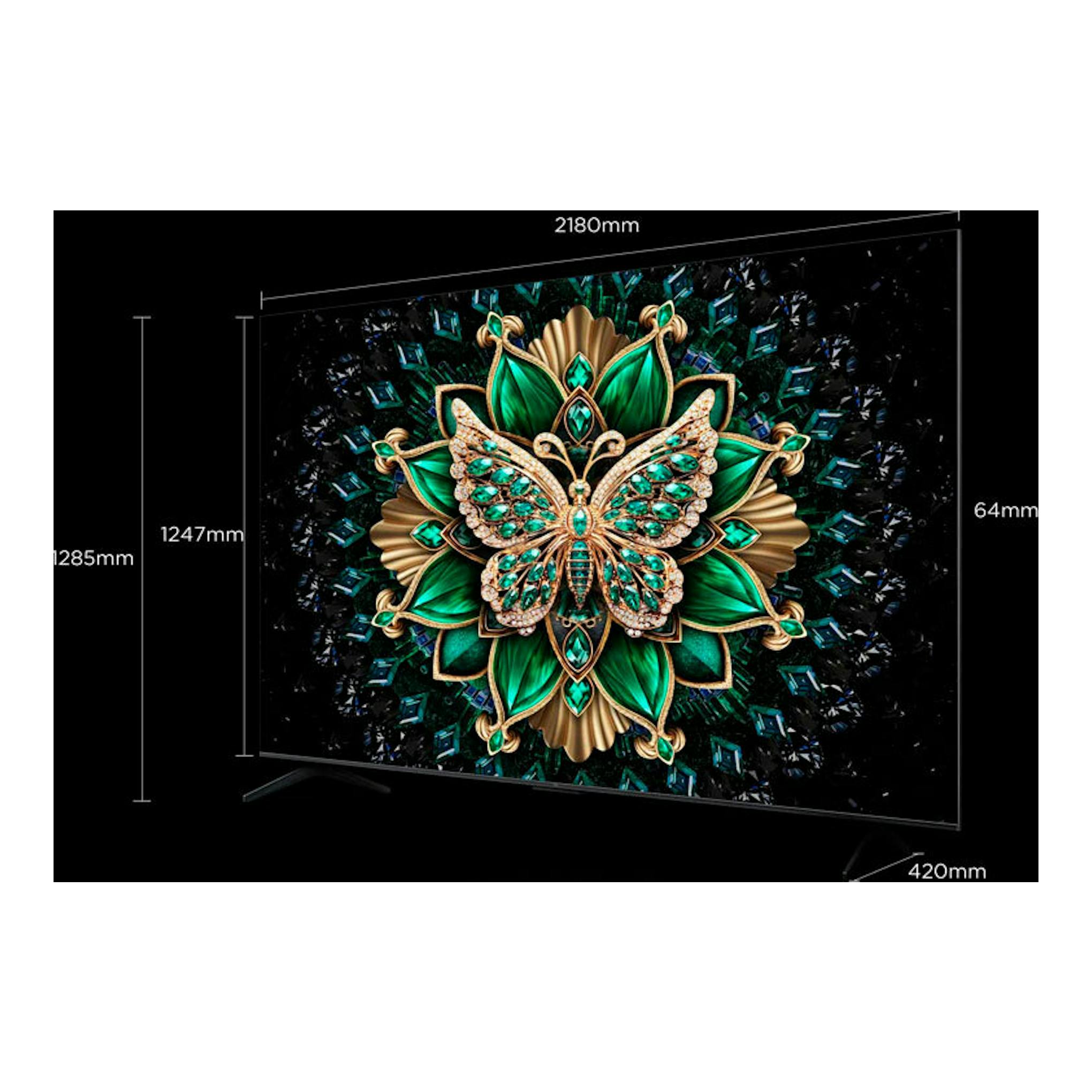 TCL 98C6K MiniLED 4K de 98", vista en ángulo, pantalla negra con mariposa verde y dorada, medidas señaladas.