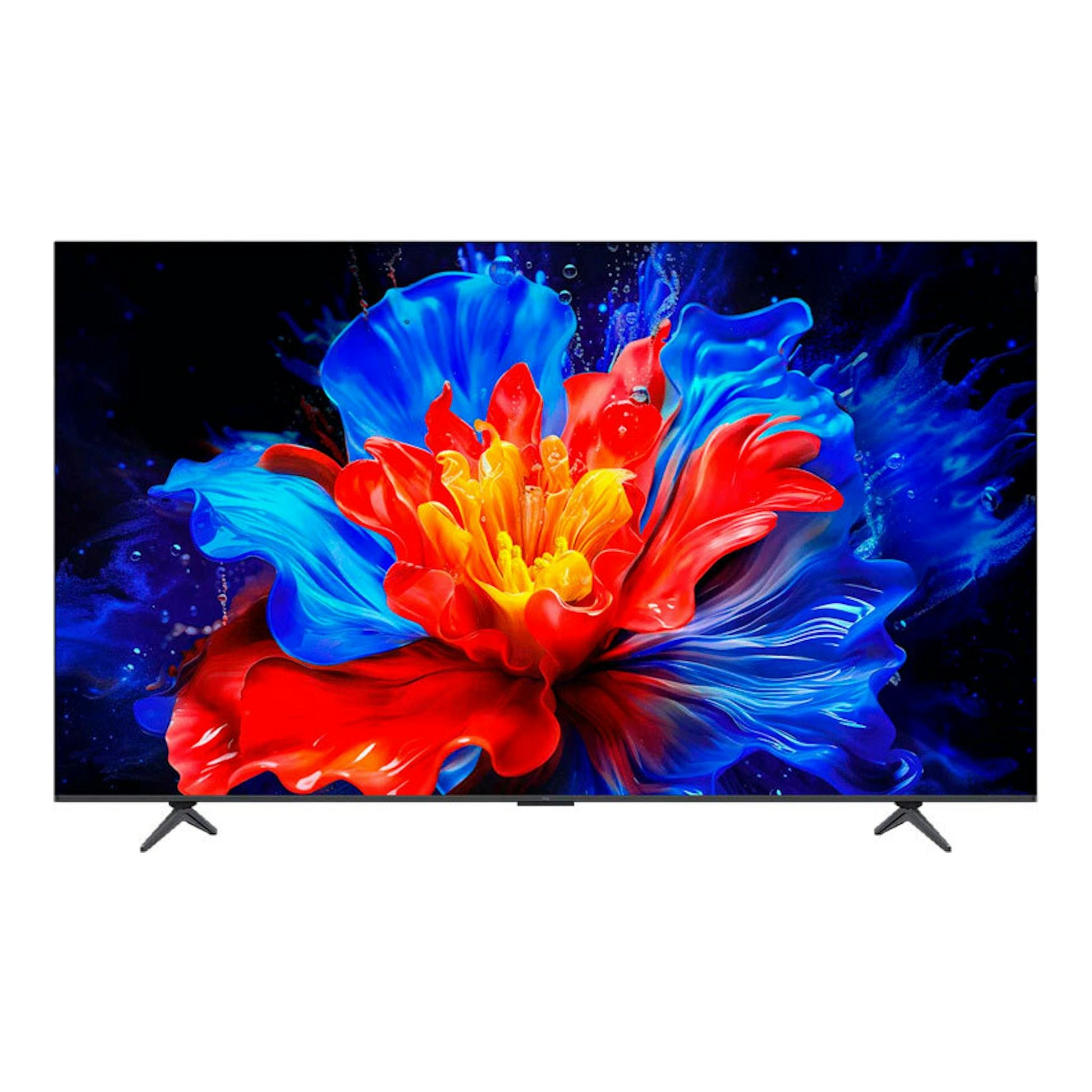 TV TCL 98P8K QLED 4K de 98", vista frontal, con dos patas y pantalla con fondo floral abstracto azul, rojo y amarillo.