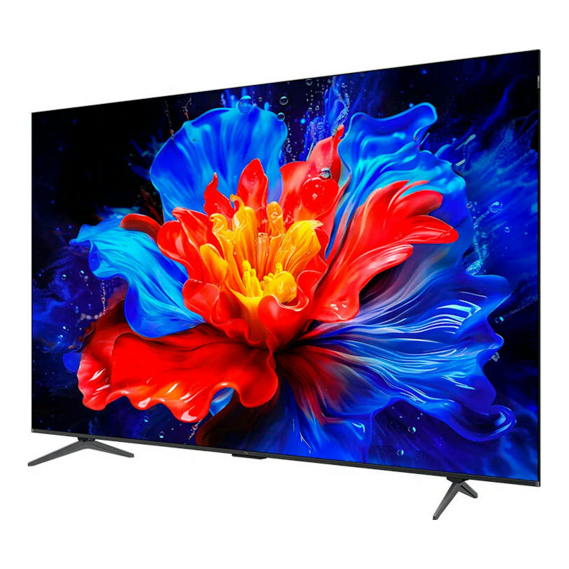 TV TCL 98P8K QLED 4K de 98 pulgadas, vista en ángulo, pantalla con flor abstracta y patas negras.