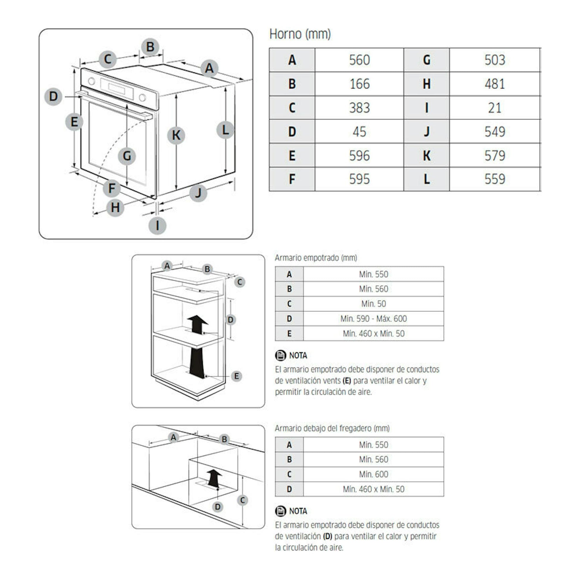 Samsung NV7B4430ZAB/U1: diagrama técnico del horno negro con vistas y medidas de instalación.