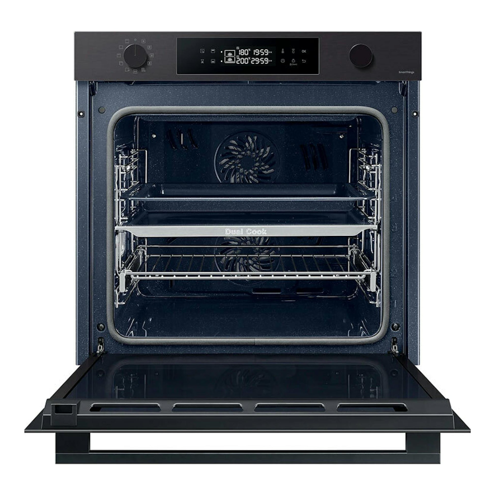 Horno Samsung NV7B4430ZAB/U1 negro, vista frontal con la puerta abatida y el interior abierto.