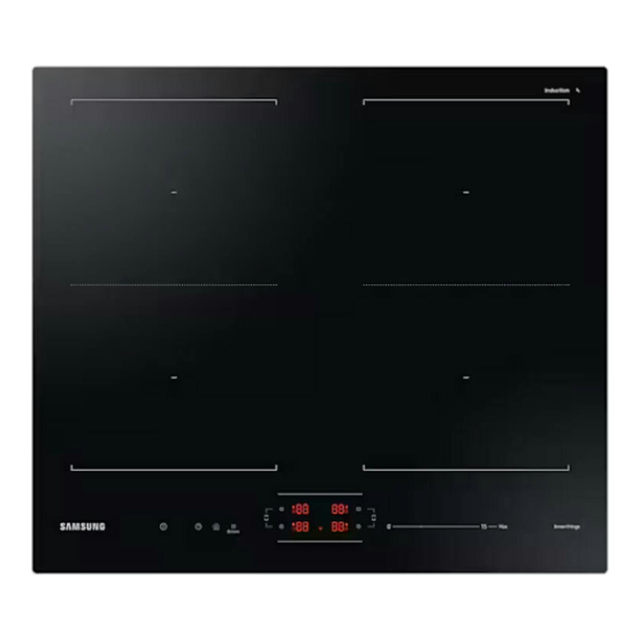 Placa de inducción Samsung NZ64B5066FK/U1 negra, vista superior, con cuatro zonas y panel táctil.