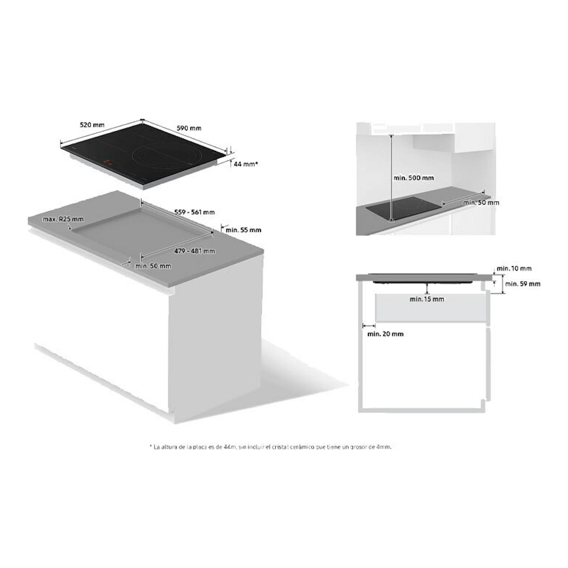 Samsung NZ63C4036GK/U1: placa de inducción negra de 60 cm, vista técnica con medidas de instalación.