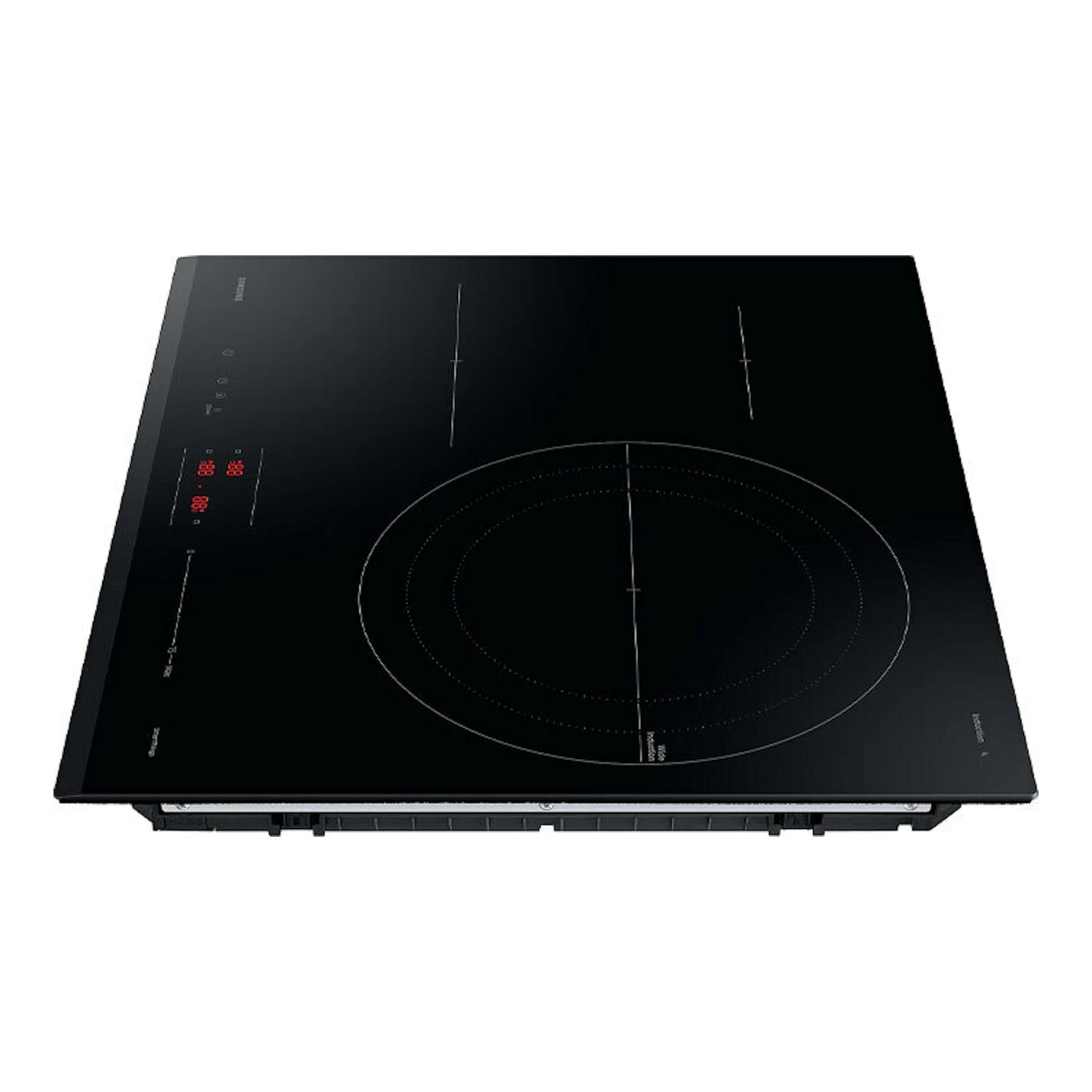 Placa de inducción Samsung NZ63C4036GK/U1 negra, vista superior en ángulo, 60 cm.