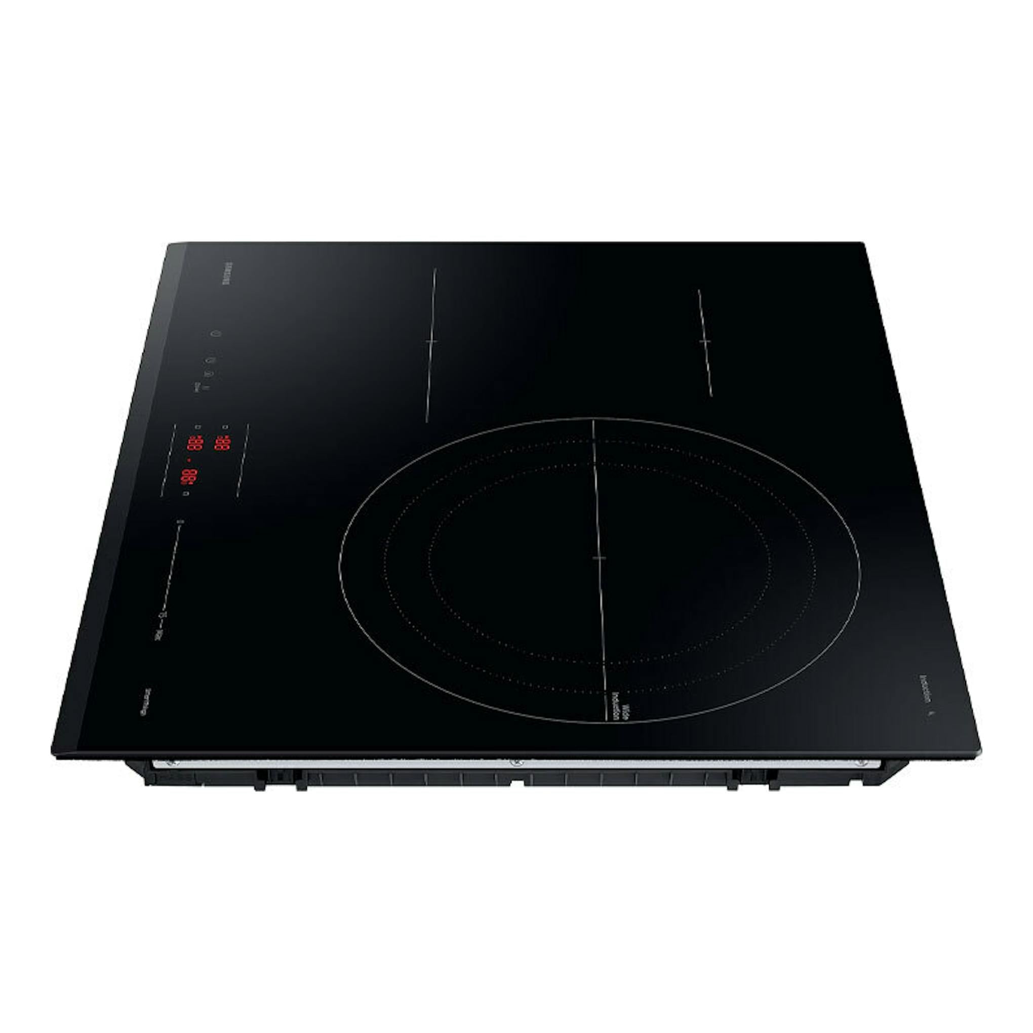 Placa de inducción Samsung NZ63C4036GK/U1 negra, vista superior en ángulo, 60 cm.
