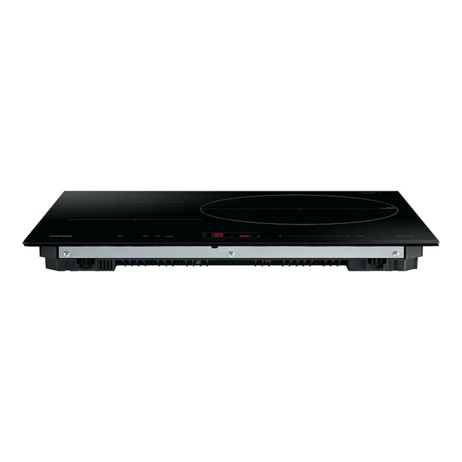 Placa de inducción Samsung NZ63C4036GK/U1 negra, vista frontal, con controles táctiles y base inferior visible.