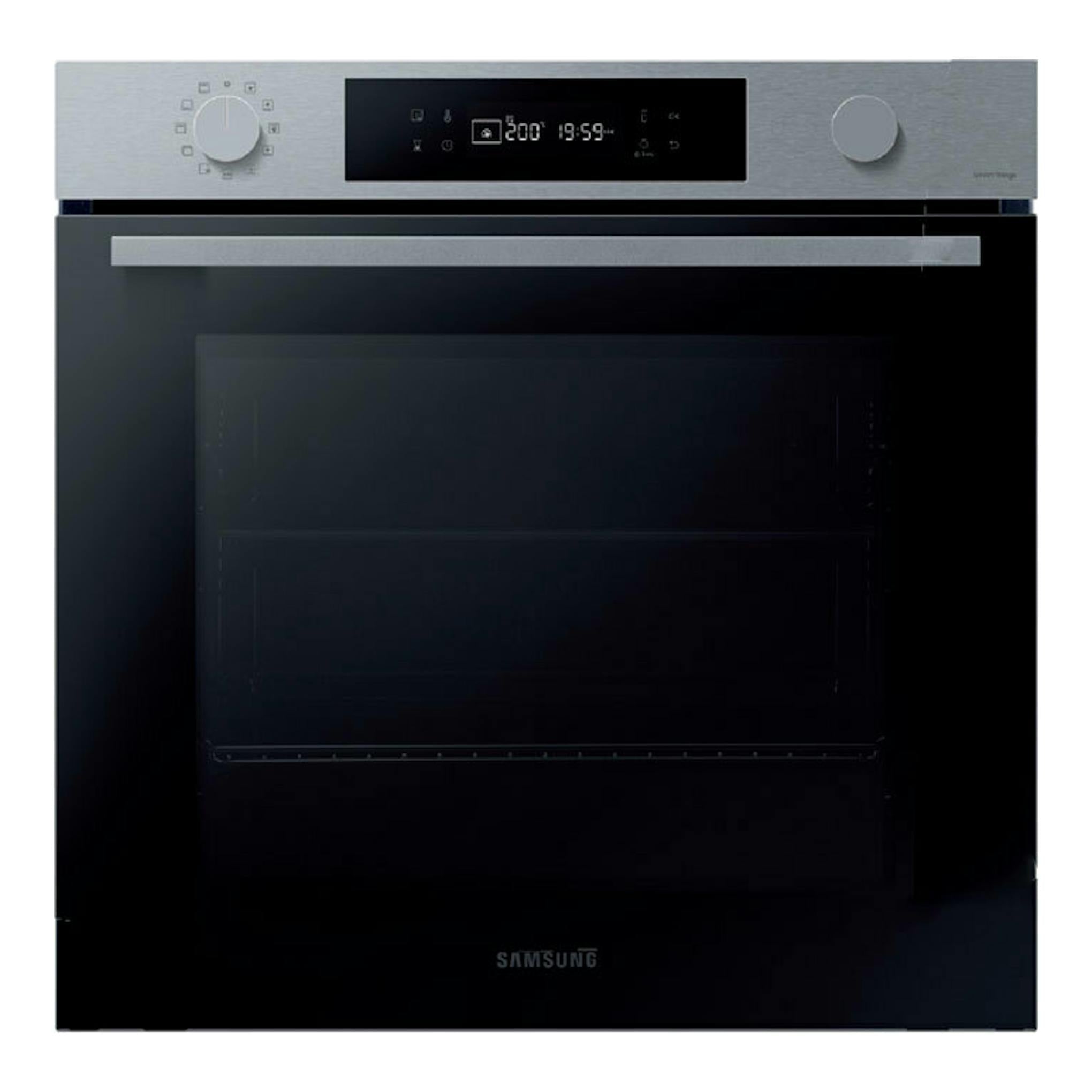 Horno Samsung NV7B41301AS/U1 inox, vista frontal, con puerta negra y panel superior plateado.