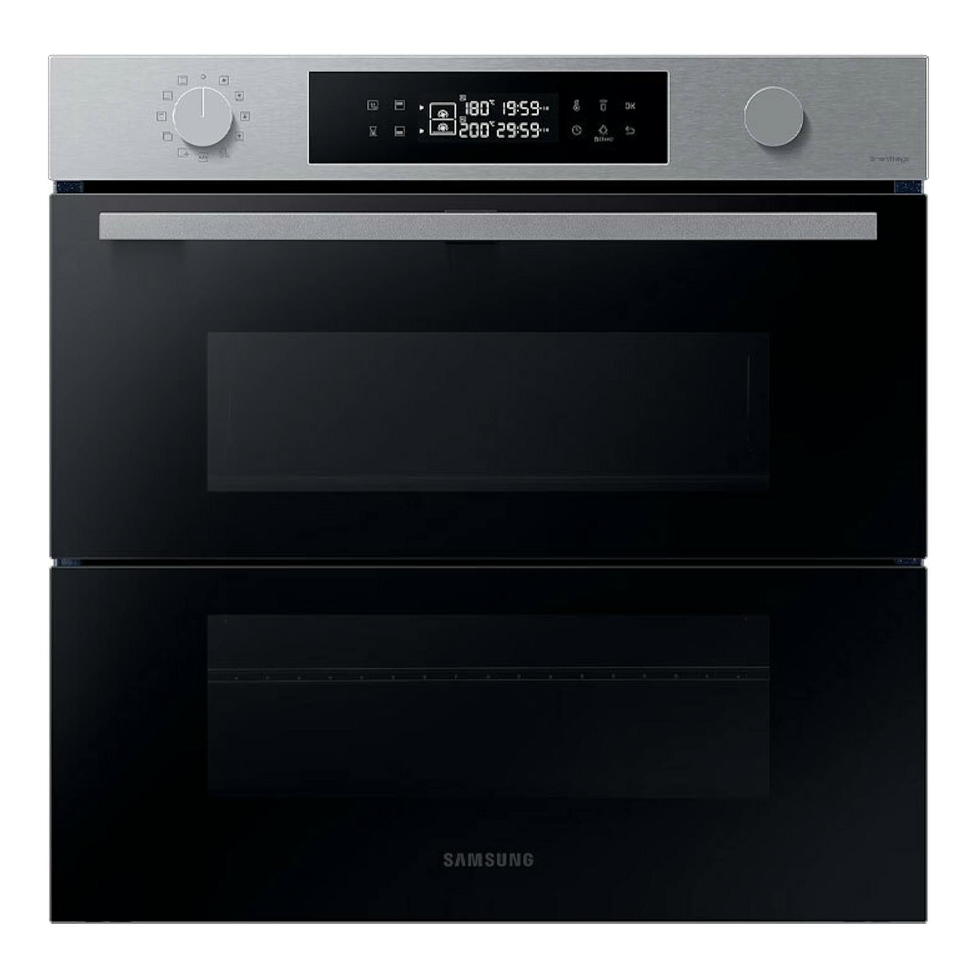 Horno integrable Samsung NV7B4530ZAS/U1 inox, vista frontal, doble cavidad, panel digital y mandos plateados.