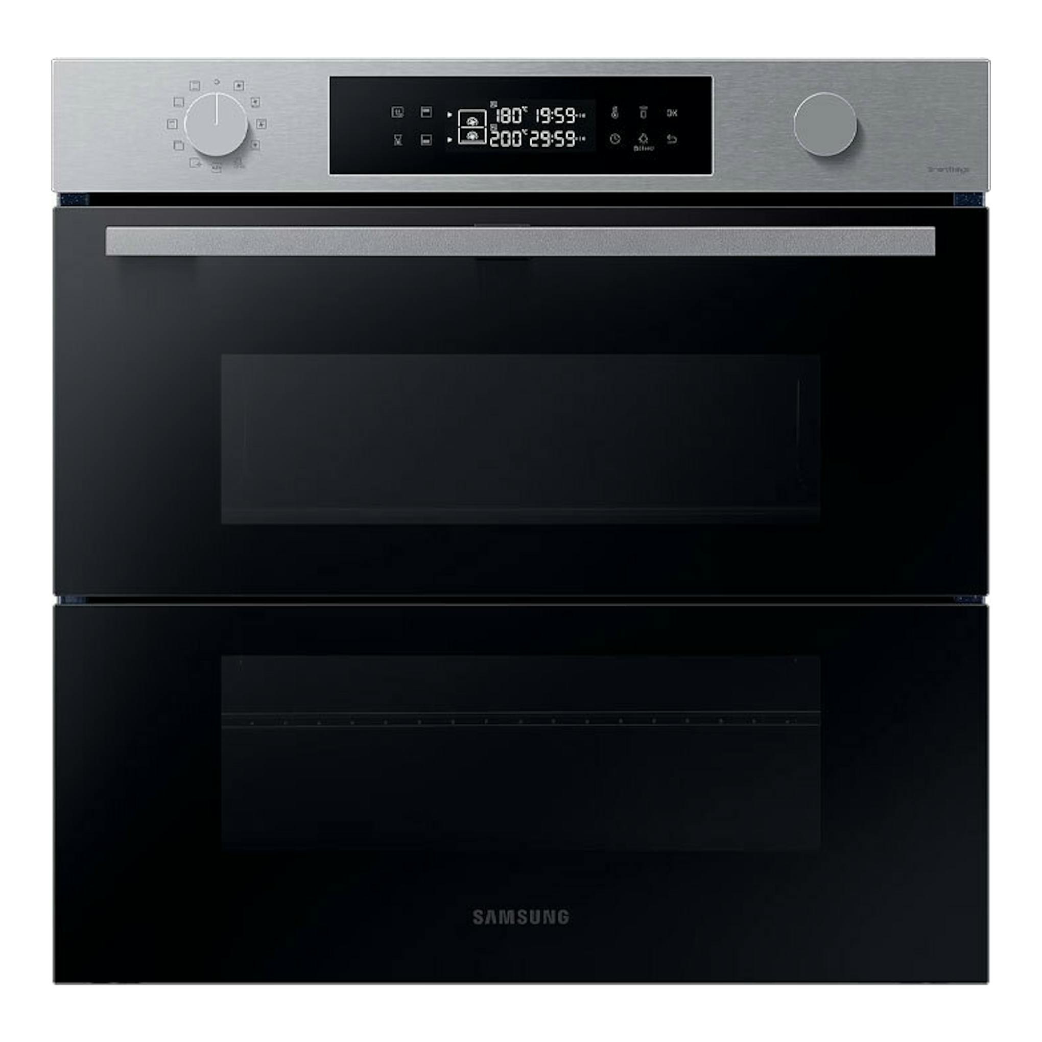 Horno integrable Samsung NV7B4530ZAS/U1 inox, vista frontal, doble cavidad, panel digital y mandos plateados.