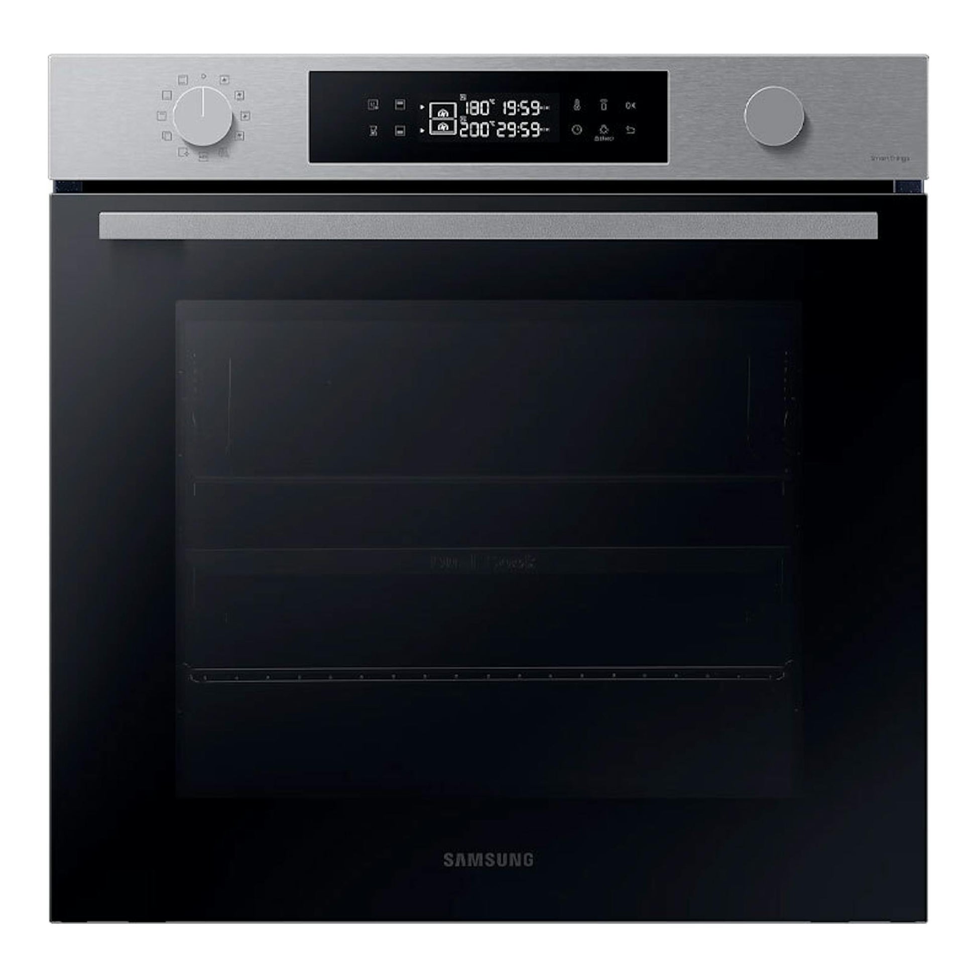 Horno Samsung NV7B4430ZAS/U1, vista frontal, acabado inox y puerta de vidrio negro.