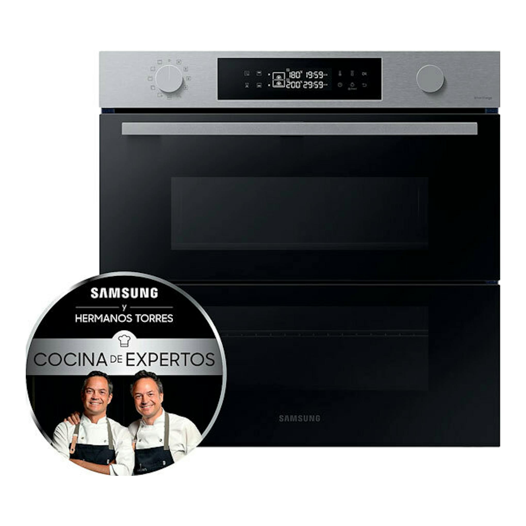 Horno integrable Samsung NV7B4530ZAS/U1 en inox, vista frontal, puerta negra y panel superior plateado.