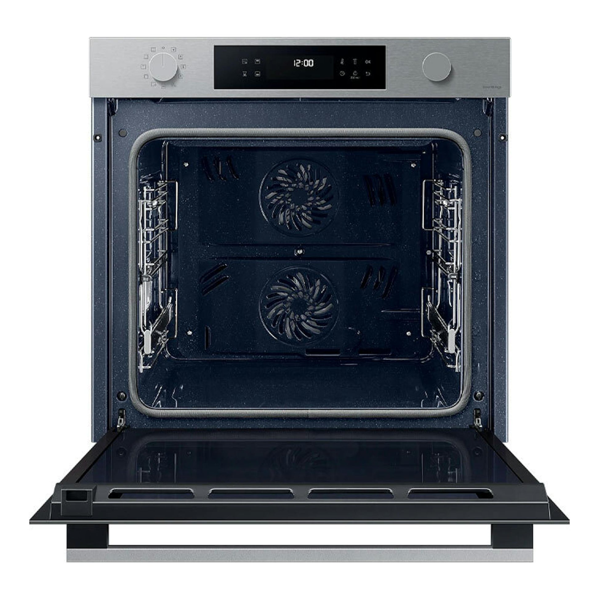 Horno Samsung NV7B4430ZAS/U1 inox, vista frontal con puerta abatible abierta e interior negro visible.