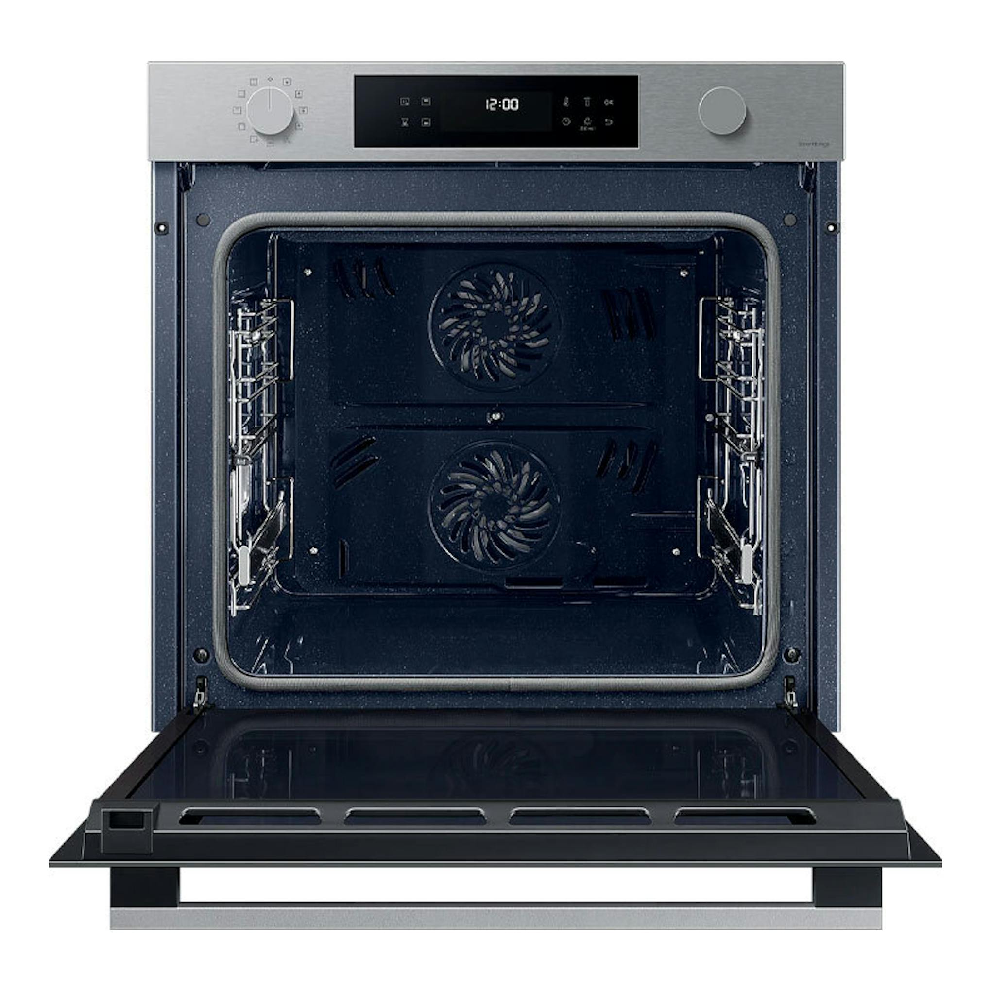 Horno Samsung NV7B4430ZAS/U1 inox, vista frontal con puerta abatible abierta e interior negro visible.