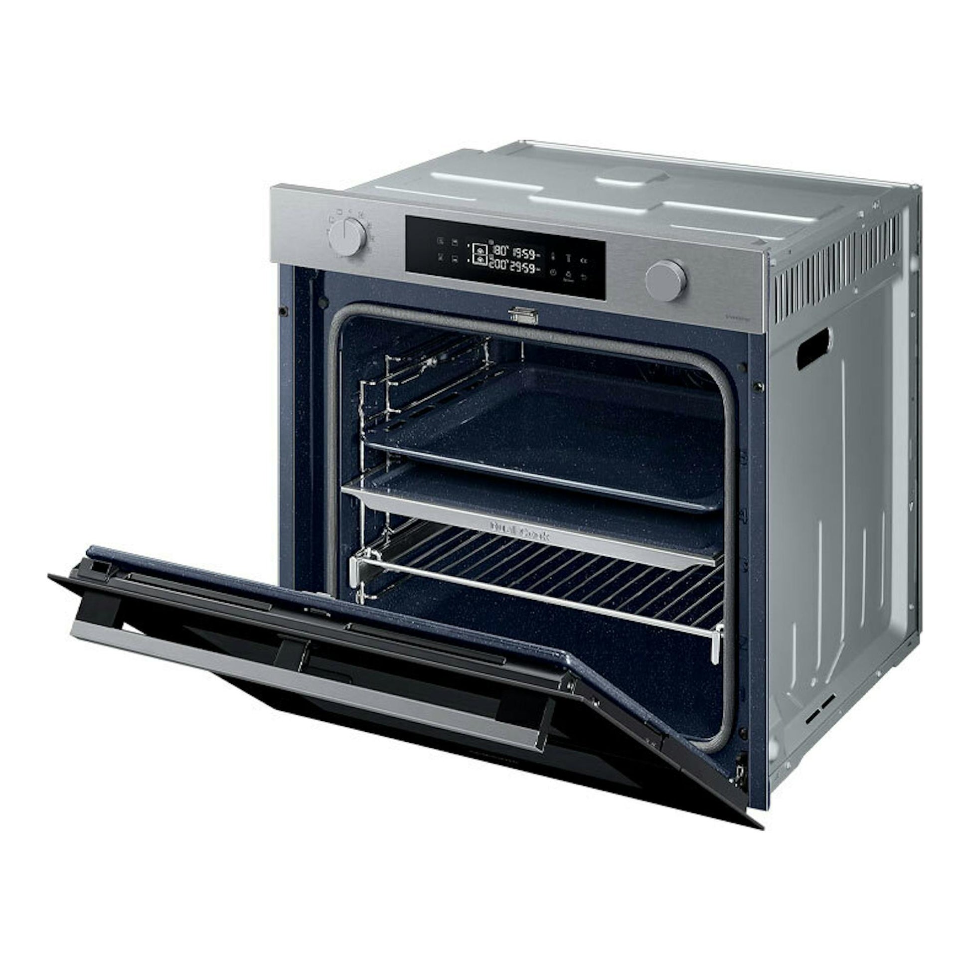 Horno integrable Samsung NV7B4530ZAS/U1 inox, vista frontal en ángulo, con la puerta abierta.