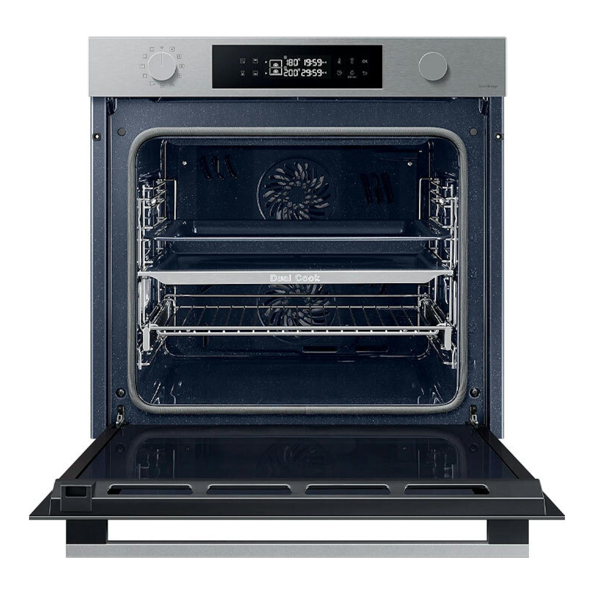 Horno Samsung NV7B4430ZAS/U1 inox, vista frontal con puerta abatida y panel digital.