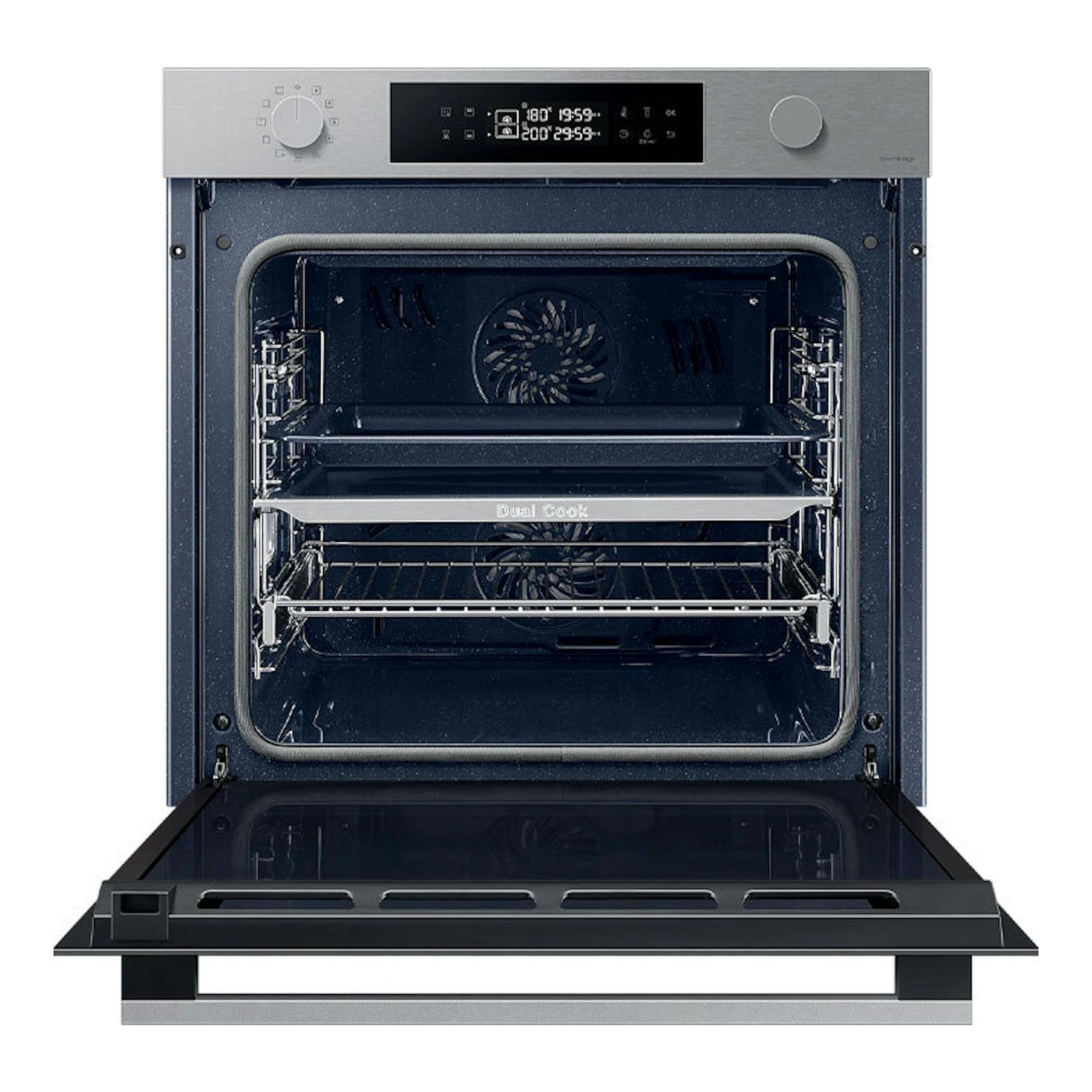 Horno Samsung NV7B4430ZAS/U1 inox, vista frontal con puerta abatida y panel digital.
