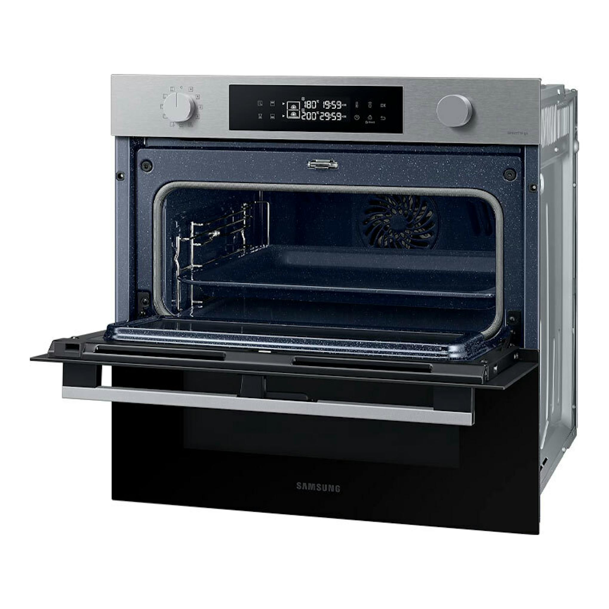 Horno integrable Samsung NV7B4530ZAS/U1 inox, frontal abierto, con pantalla digital y dos mandos.