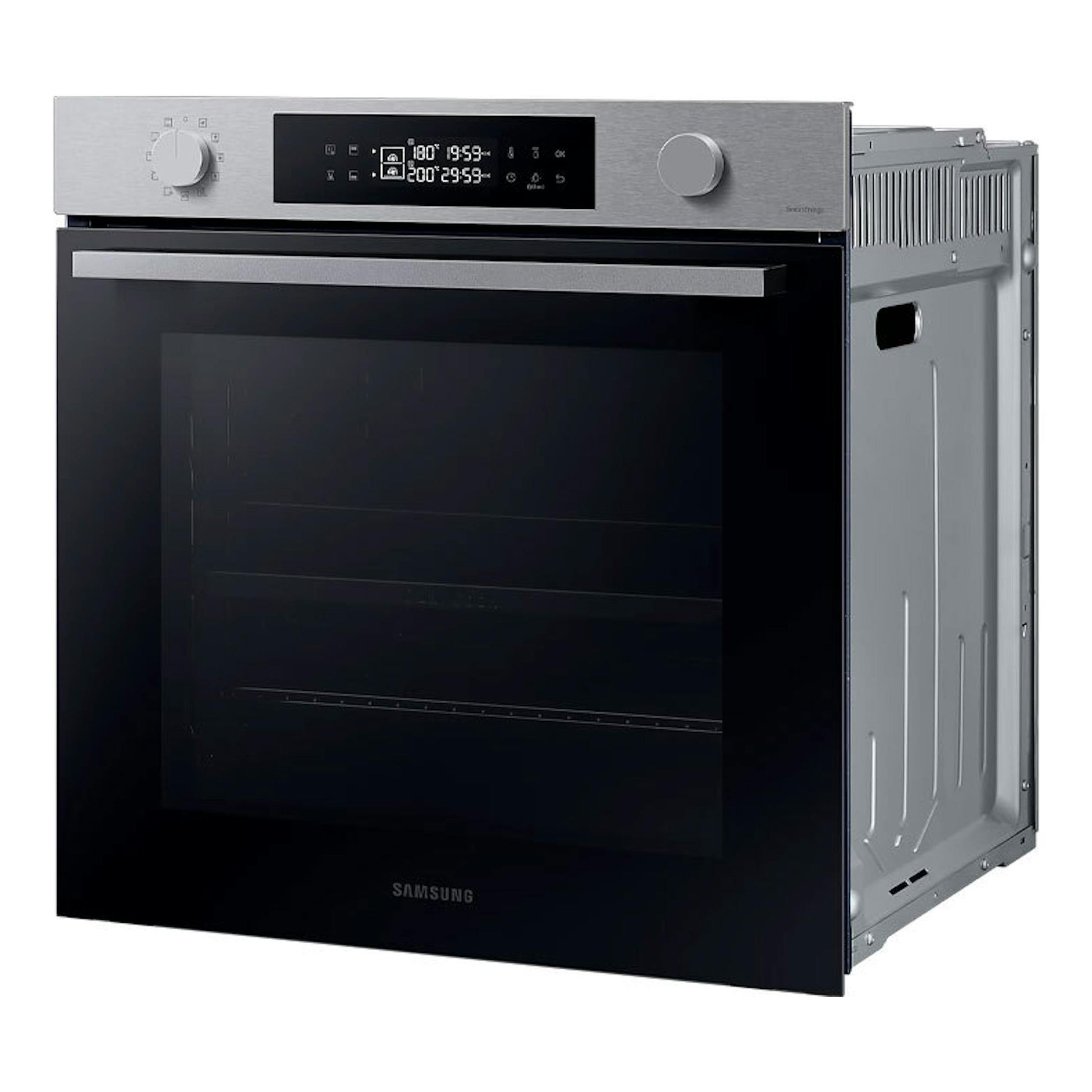 Horno Samsung NV7B4430ZAS/U1 inox, vista frontal en ángulo derecho, puerta negra y panel superior plateado.