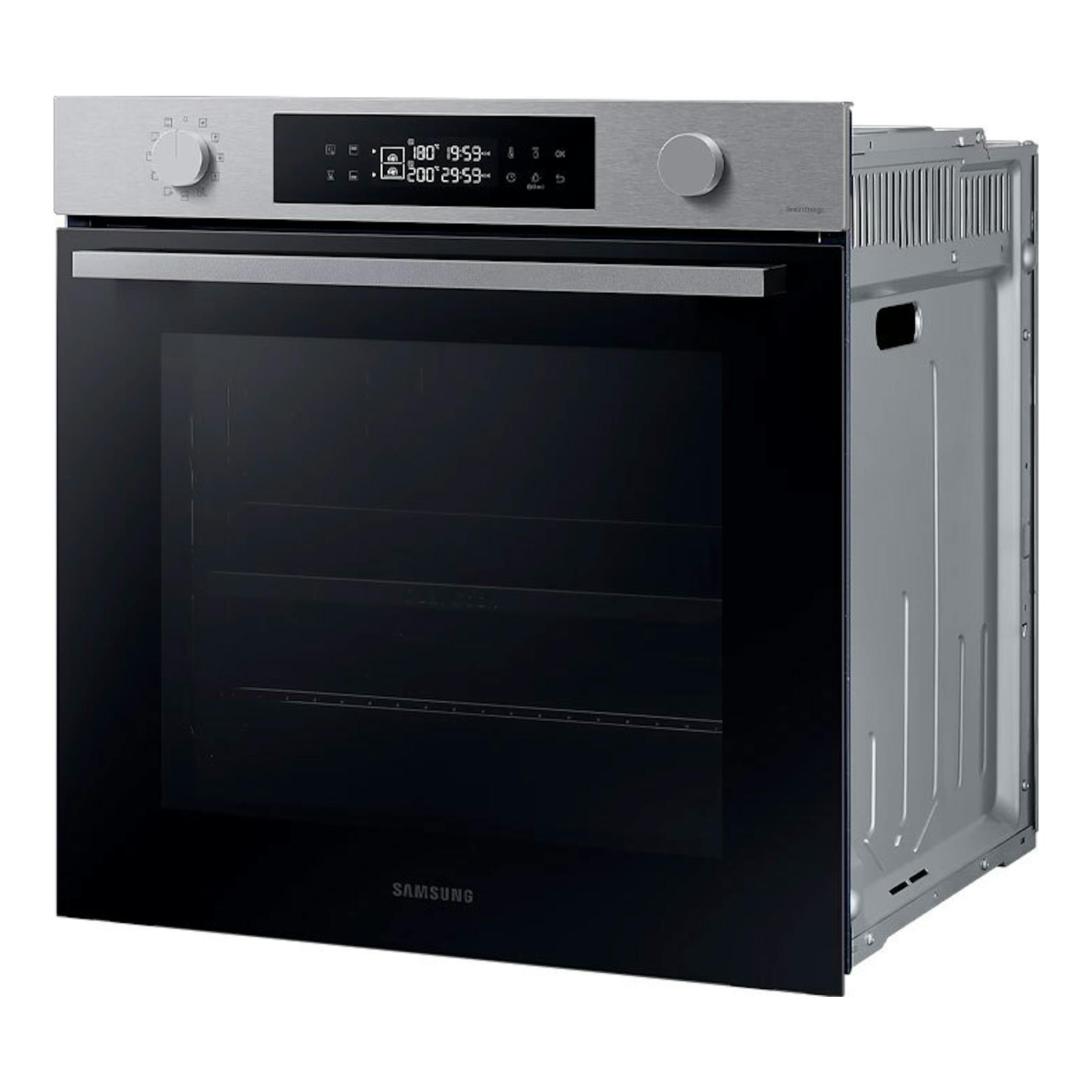 Horno Samsung NV7B4430ZAS/U1 inox, vista frontal en ángulo derecho, puerta negra y panel superior plateado.