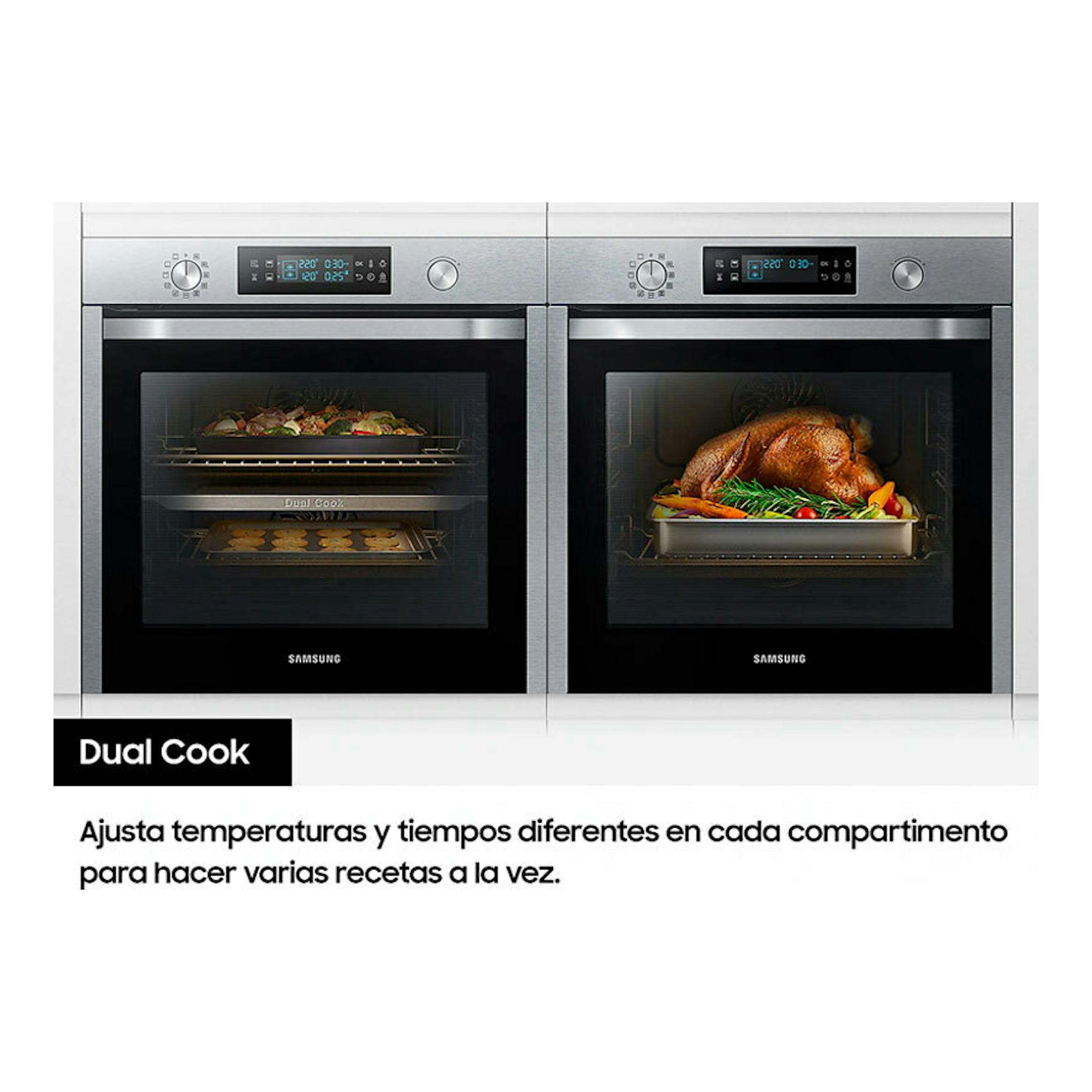 Horno integrable Samsung NV7B4530ZAS/U1 inox, vista frontal de dos hornos empotrados con panel digital.