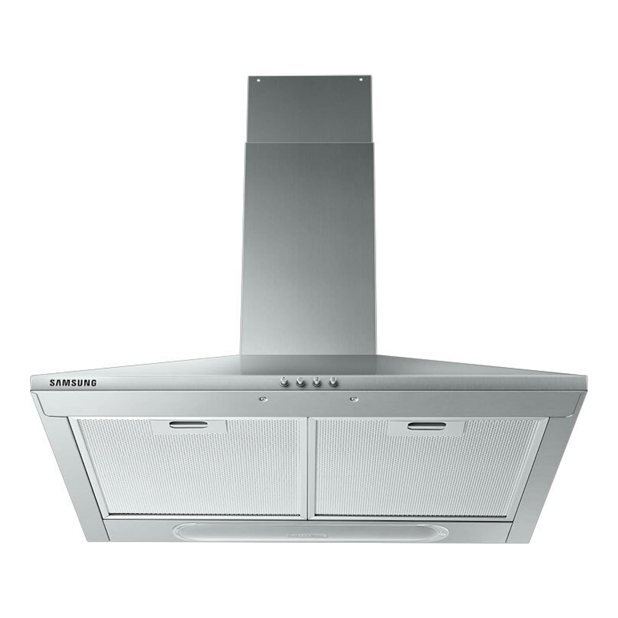 Campana decorativa Samsung NK24M3050PS/U1 inox, vista frontal, con chimenea y filtros metálicos.