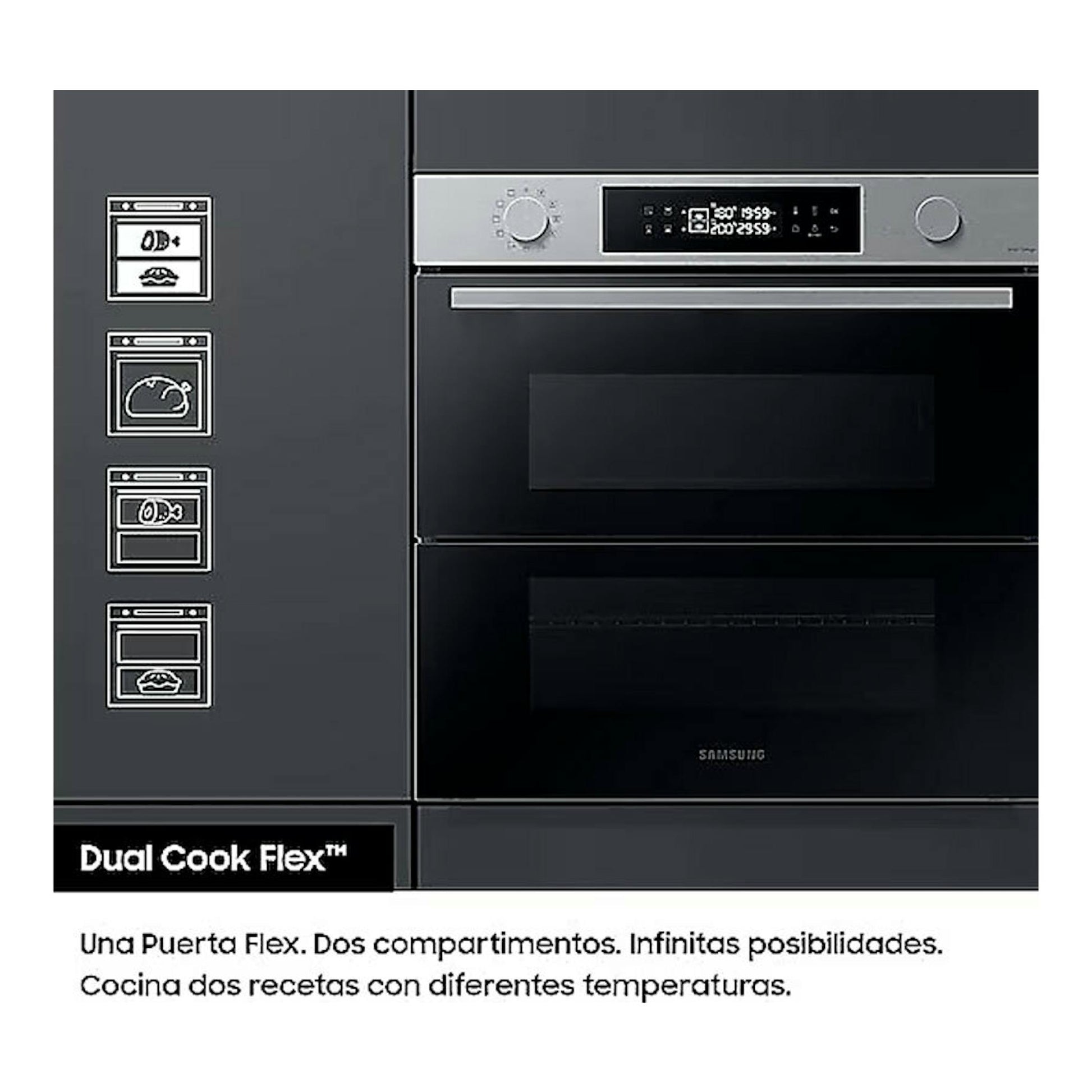 Horno integrable Samsung NV7B4530ZAS/U1 en inox, vista frontal, con panel digital y dos compartimentos.