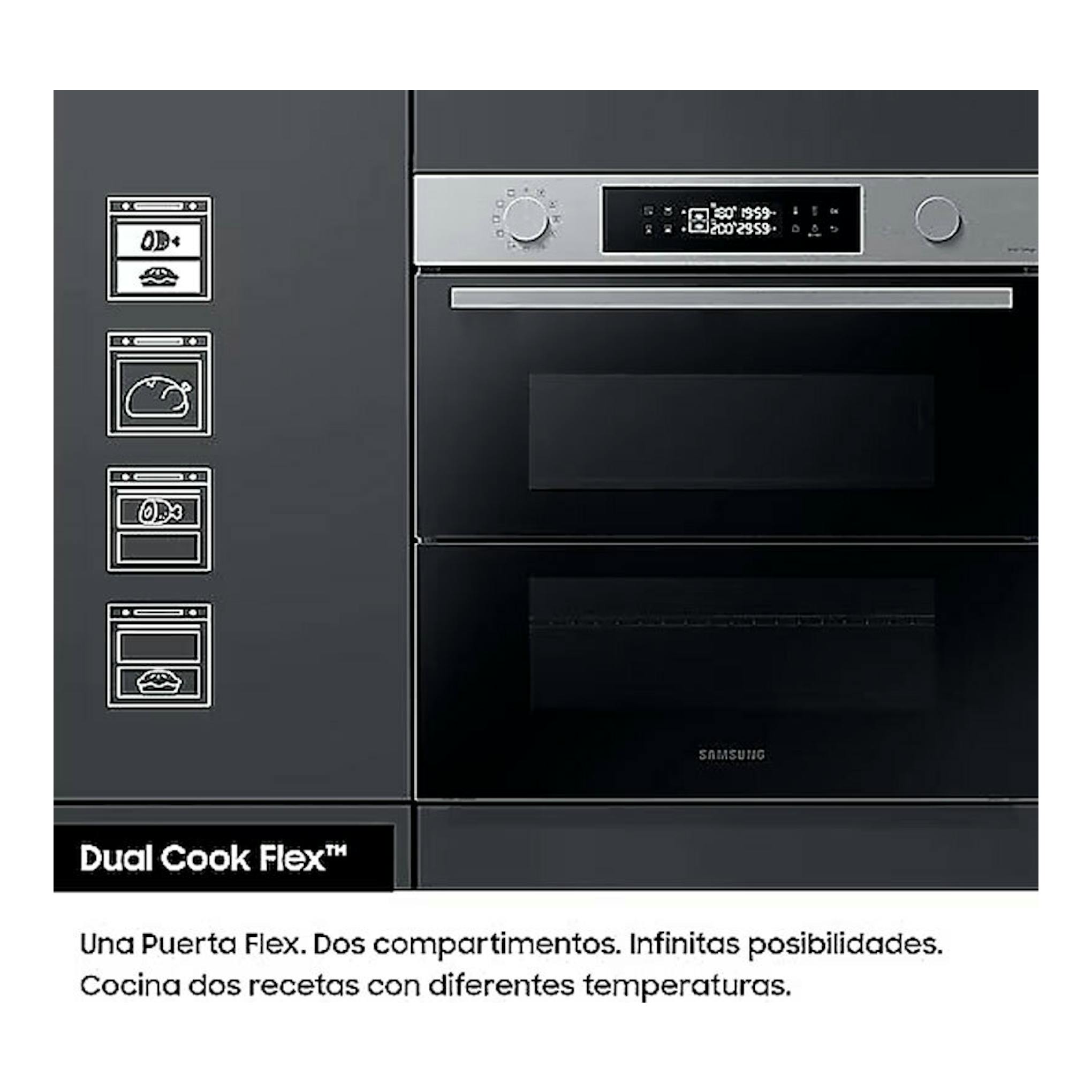 Horno integrable Samsung NV7B4530ZAS/U1 en inox, vista frontal, con panel digital y dos compartimentos.