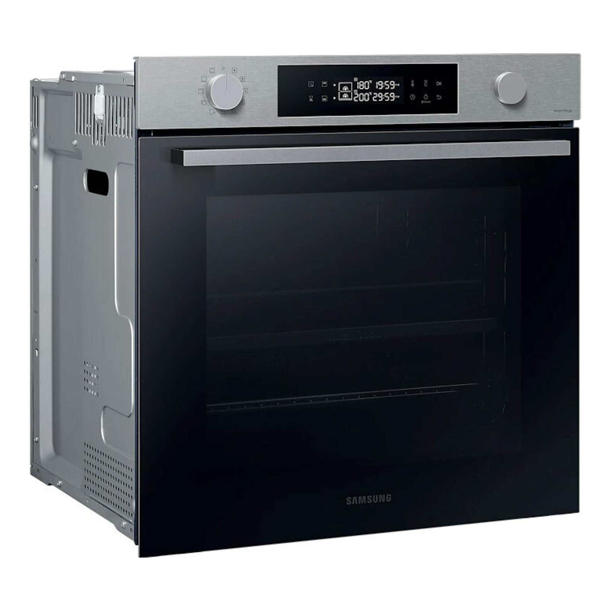 Horno Samsung NV7B4430ZAS/U1 en inox, vista frontal en ángulo, con puerta negra y panel digital superior.