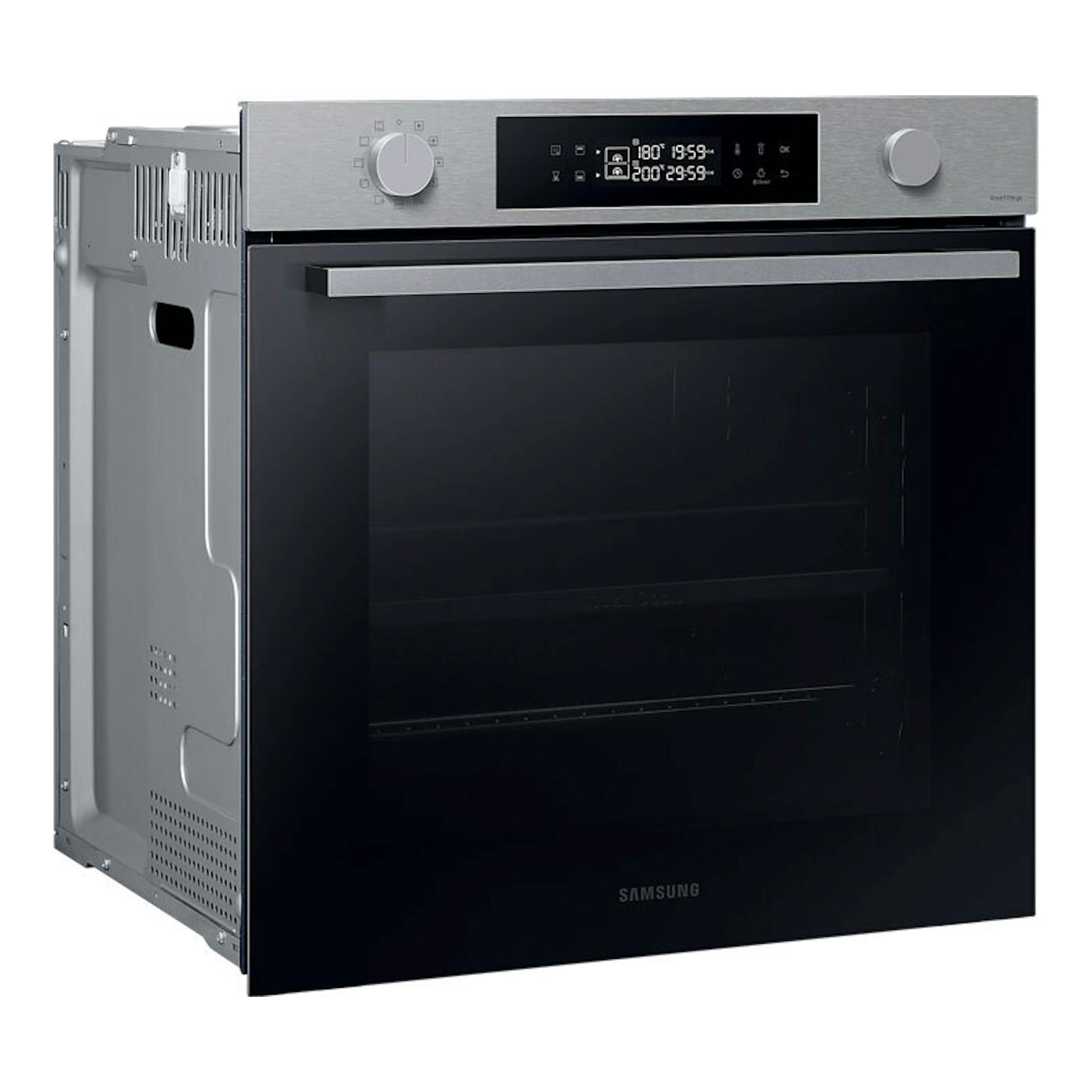 Horno Samsung NV7B4430ZAS/U1 en inox, vista frontal en ángulo, con puerta negra y panel digital superior.