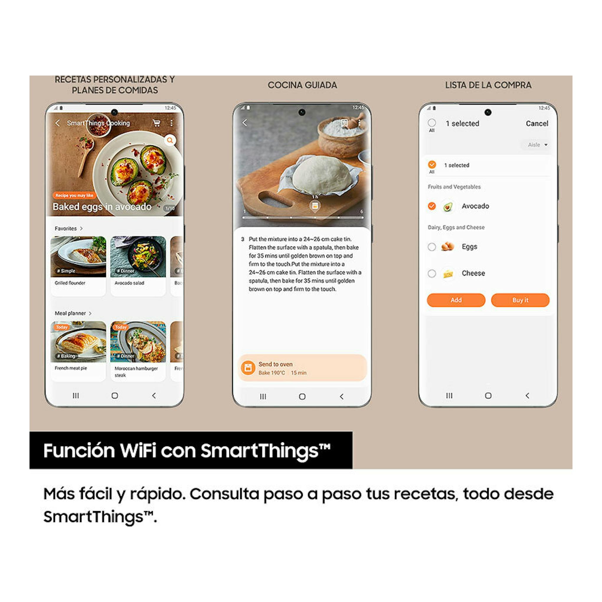 Samsung NV7B4530ZAS/U1 Inox: tres pantallas de móvil con recetas, cocina guiada y lista de compra en SmartThings.