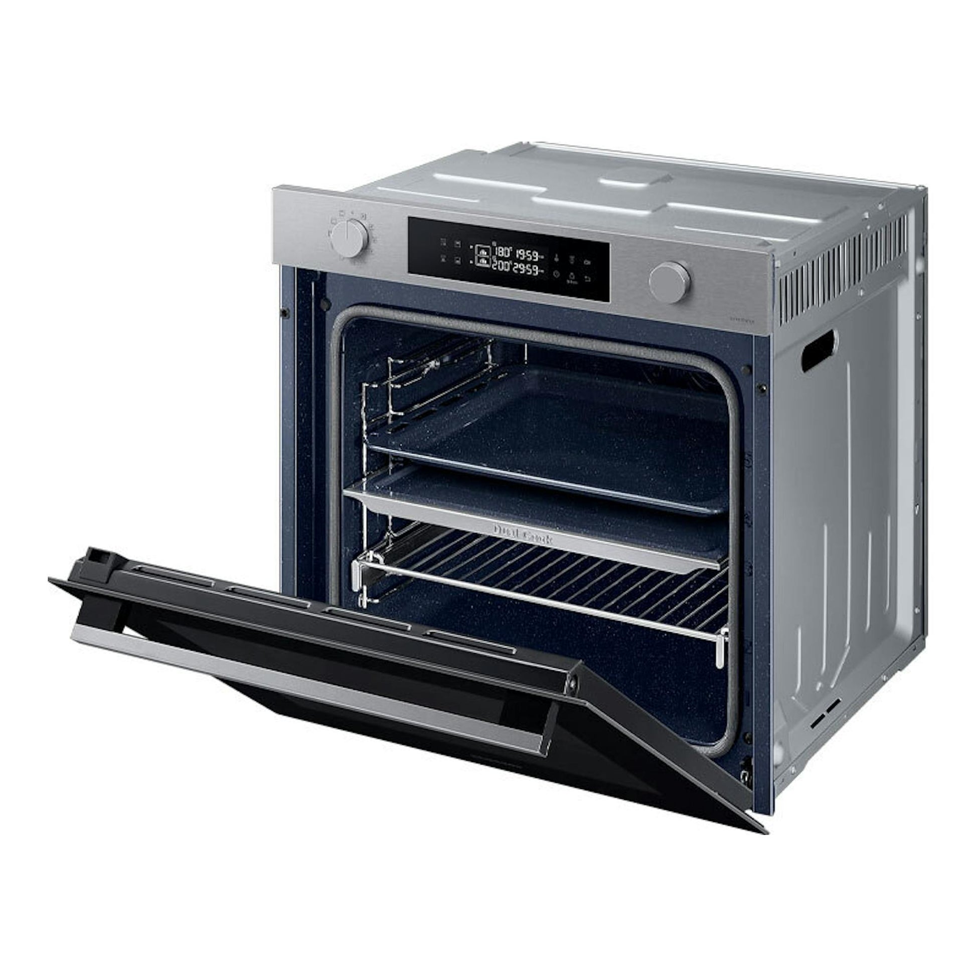 Horno Samsung NV7B4430ZAS/U1 inox, vista frontal en ángulo, puerta abatible abierta.