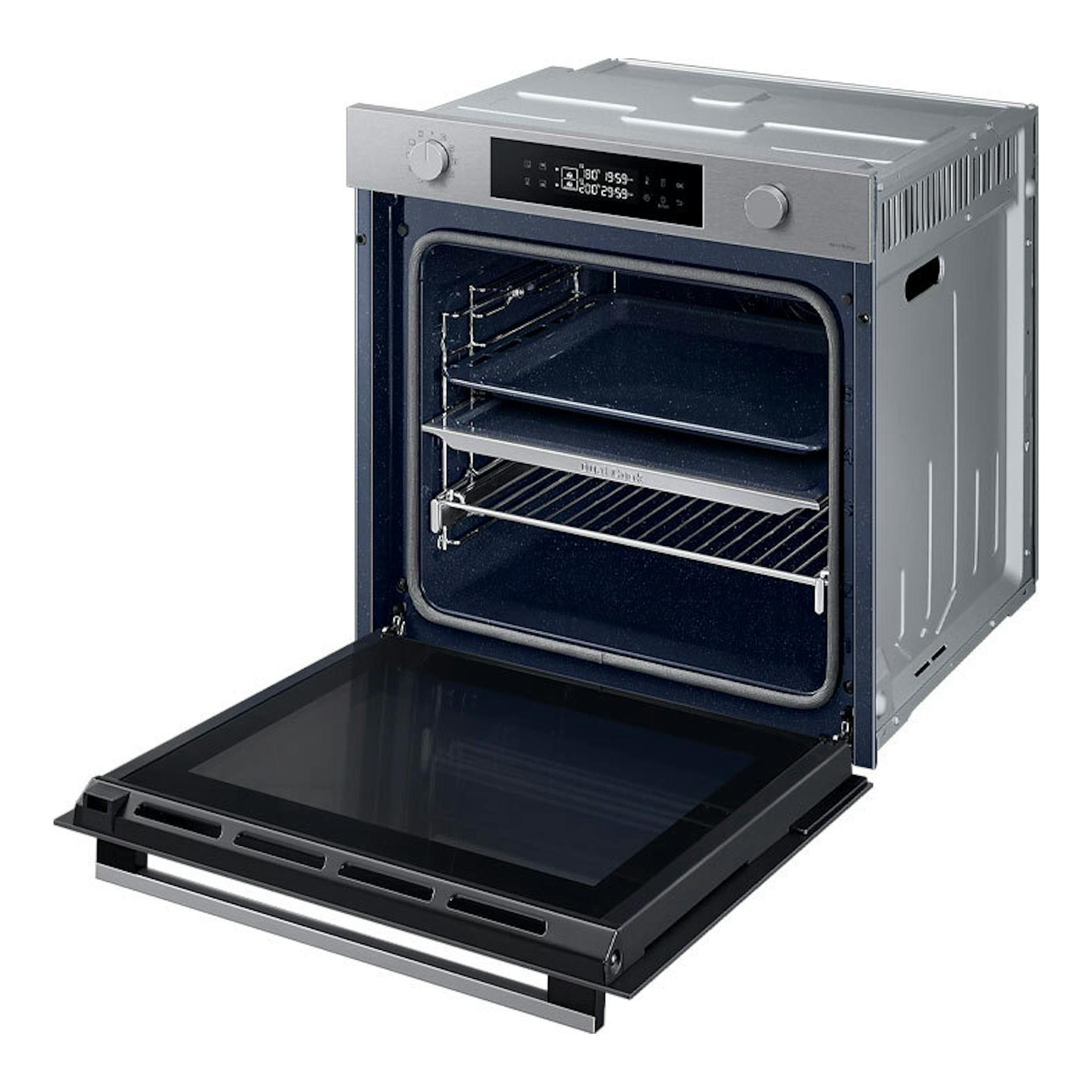 Samsung NV7B4430ZAS/U1: horno empotrable inox con puerta abierta, interior visible, vista frontal en ángulo.