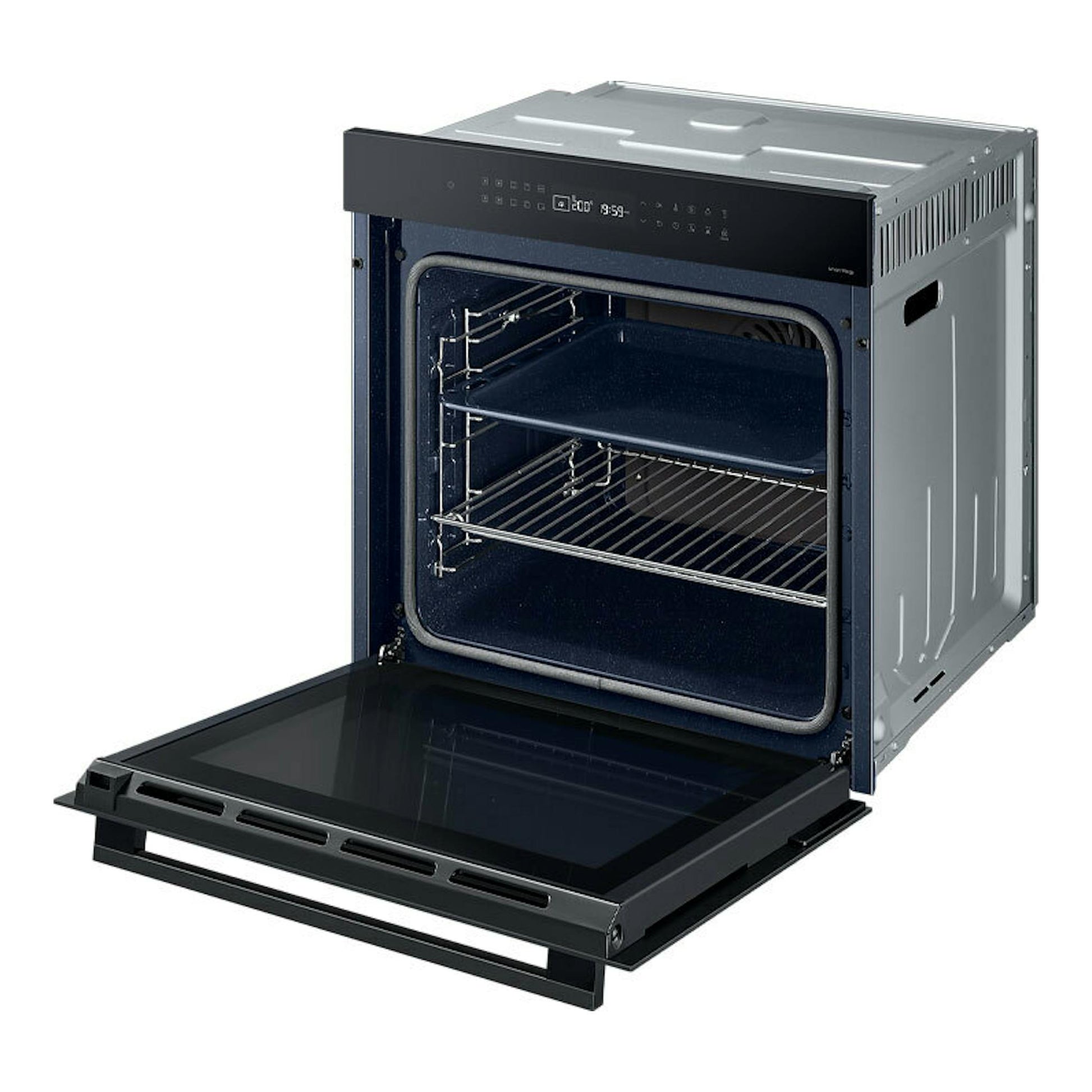 Horno empotrable Samsung NV7B40403CK/U1 negro, vista frontal con la puerta abatible abierta e interior visible.