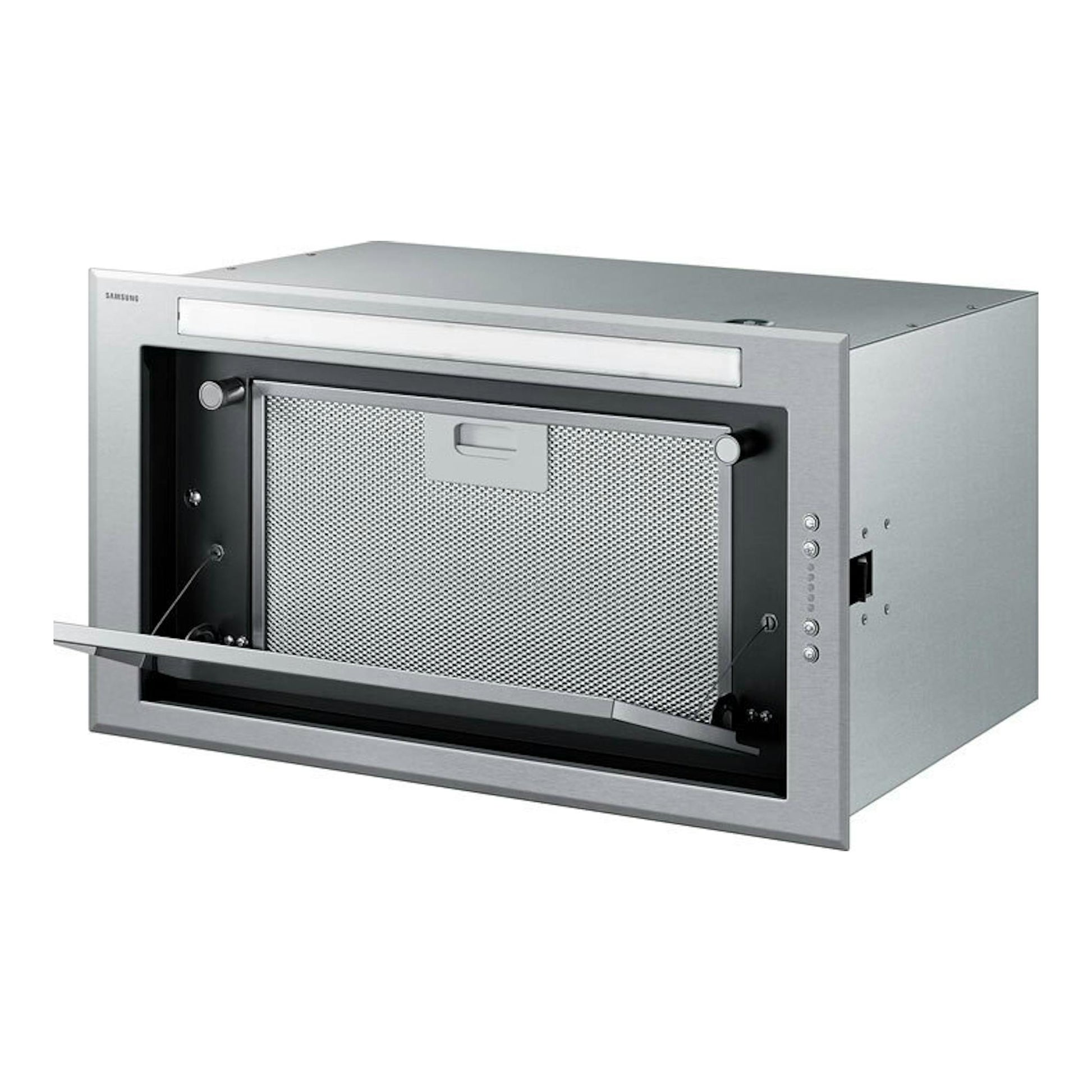 Grupo filtrante Samsung NK52FG455CS/UR de acero inoxidable, vista frontal en ángulo, con panel abatible abierto.