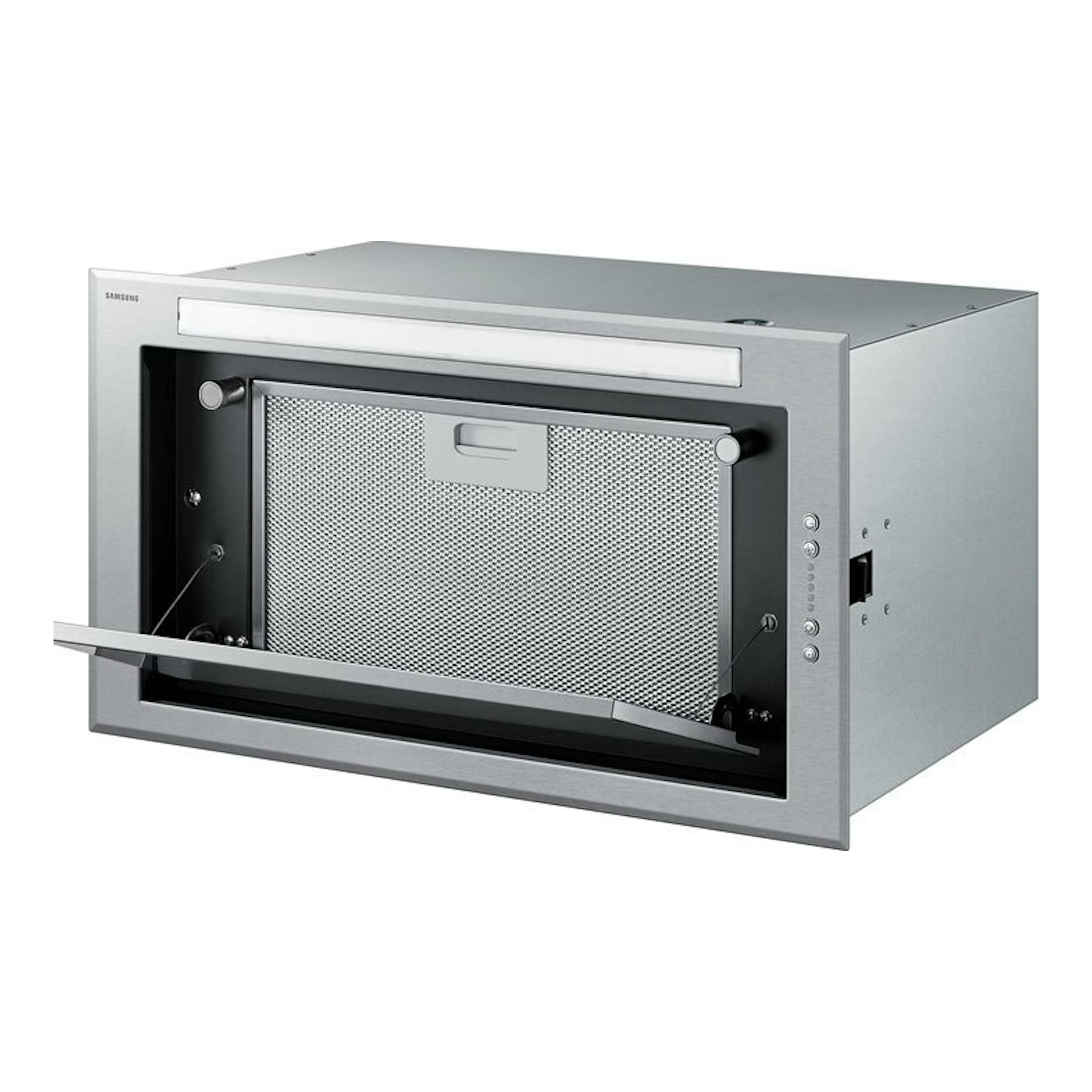 Grupo filtrante Samsung NK52FG455CS/UR de acero inoxidable, vista frontal en ángulo, con panel abatible abierto.