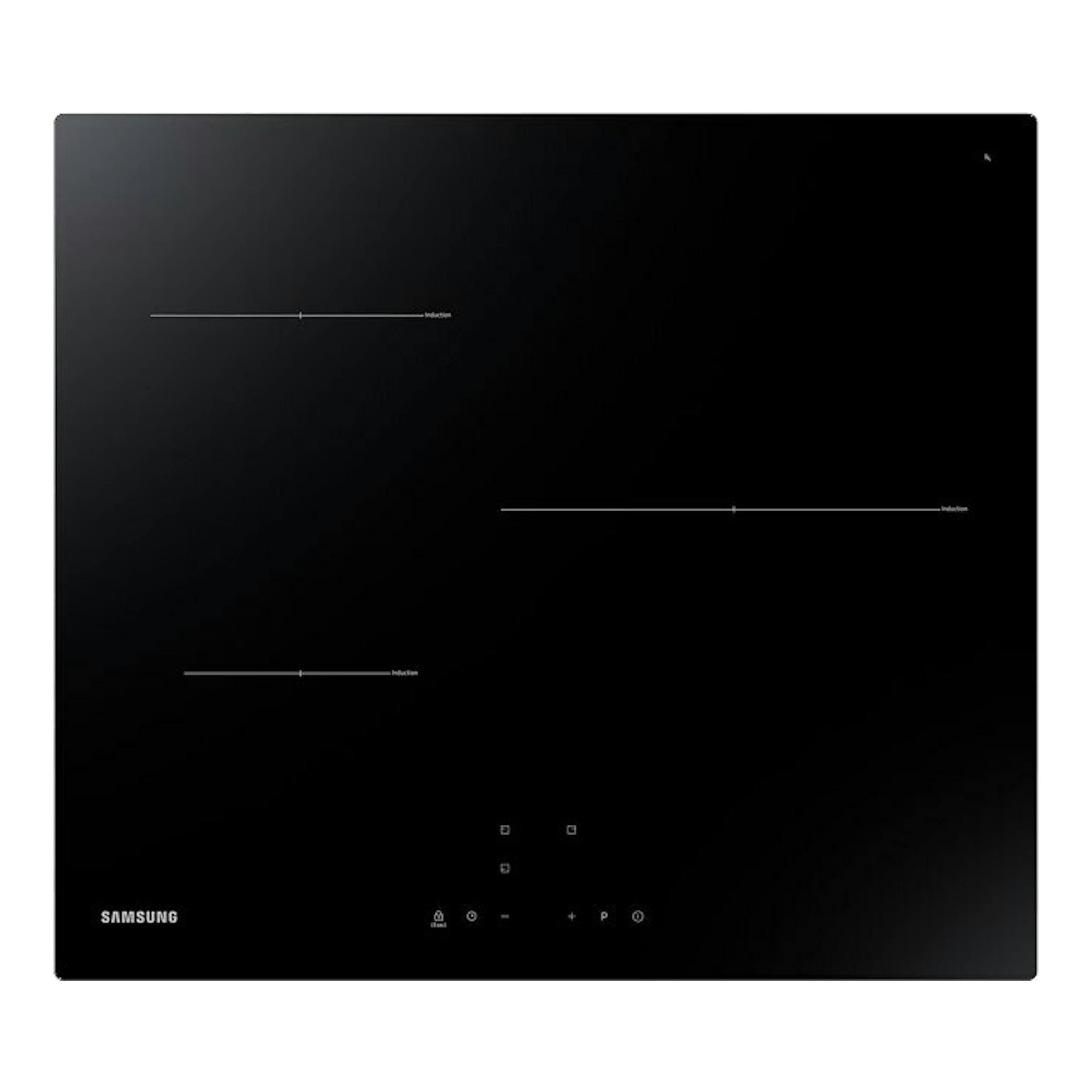 Placa de inducción Samsung NZ63T3706A1/UR negra, vista cenital, con cuatro zonas de cocción.