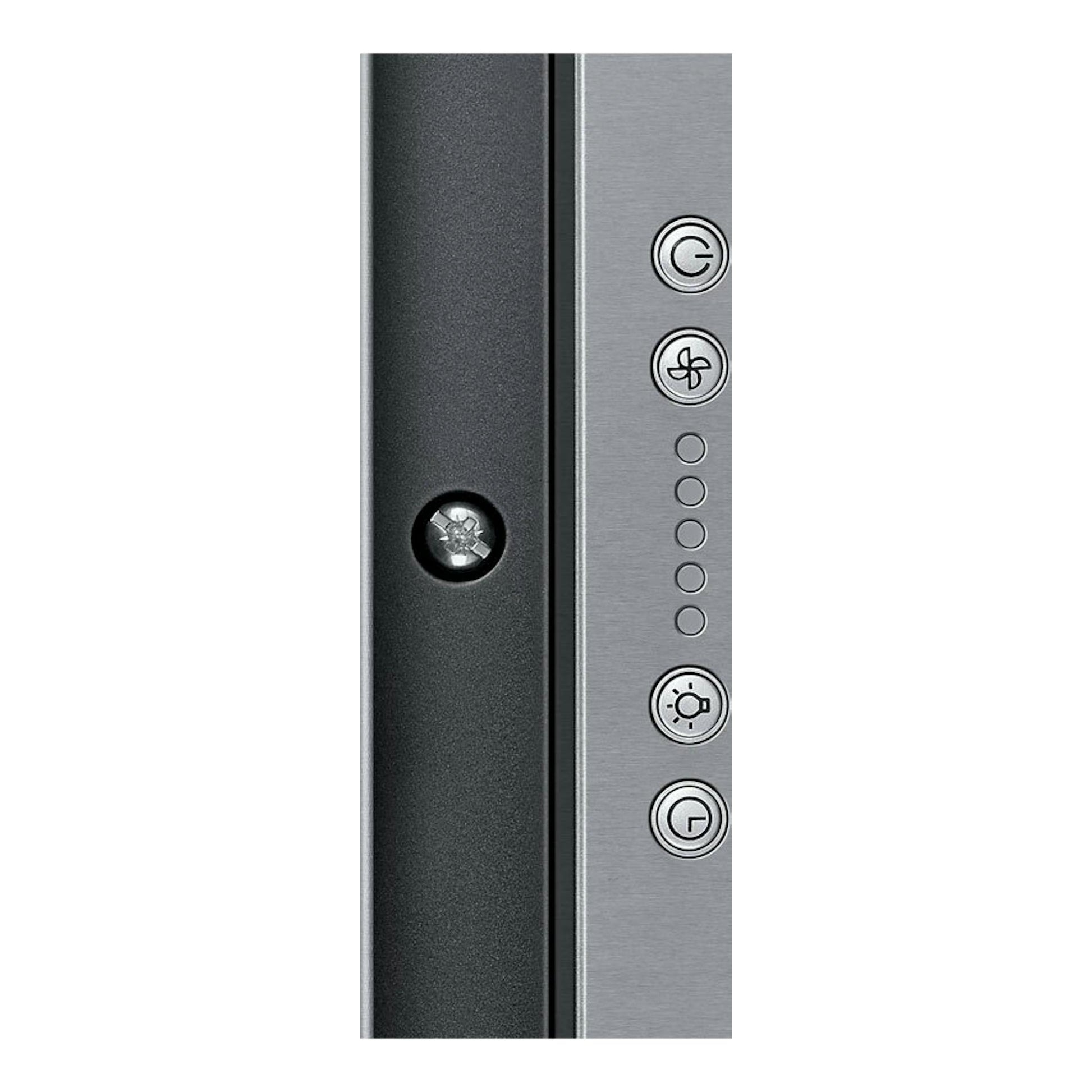 Primer plano del panel frontal de acero inoxidable del grupo filtrante Samsung NK72FG455CS/UR, con botones laterales.