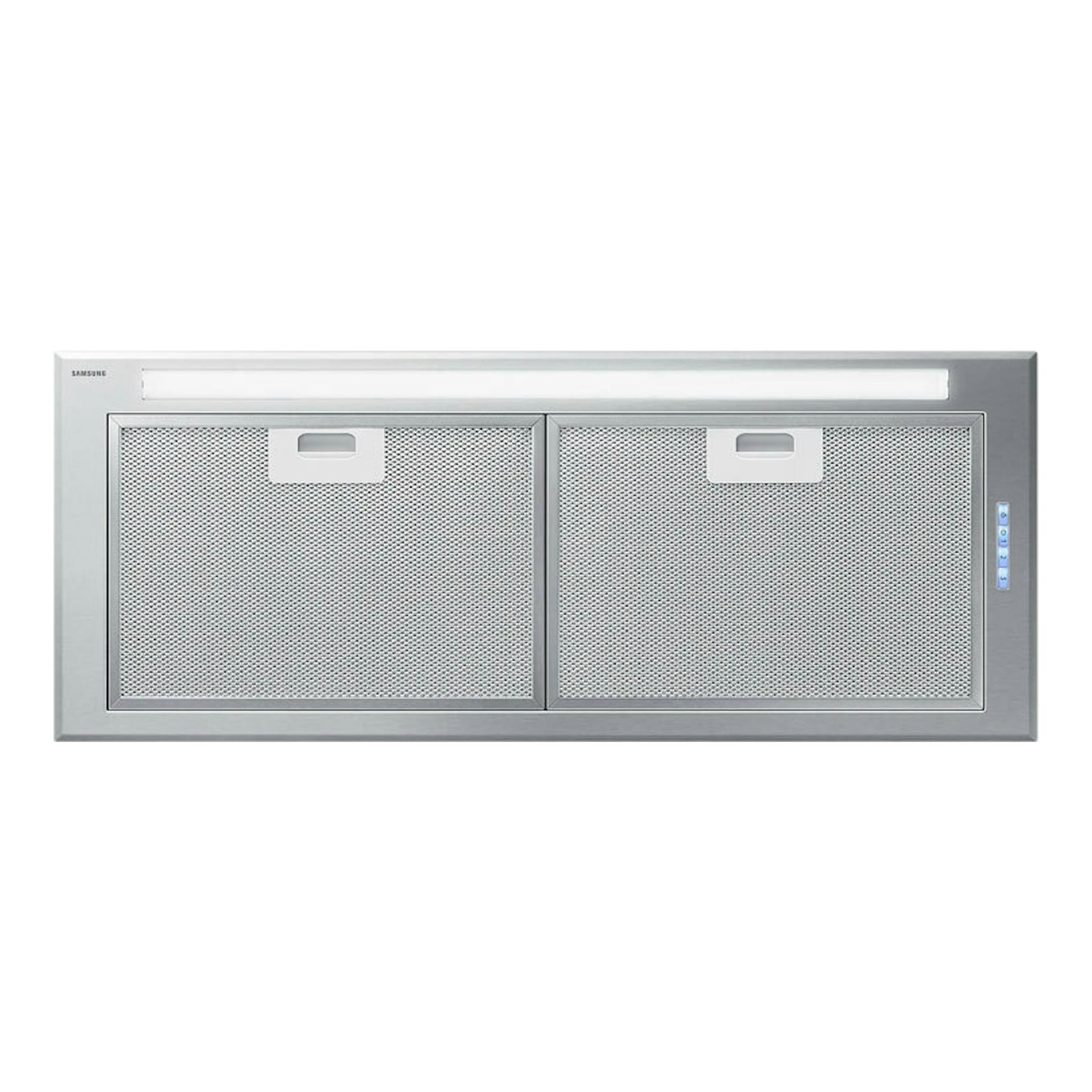 Grupo filtrante Samsung NK72FG454CS/UR, vista frontal, acabado plateado, dos filtros metálicos y control lateral.