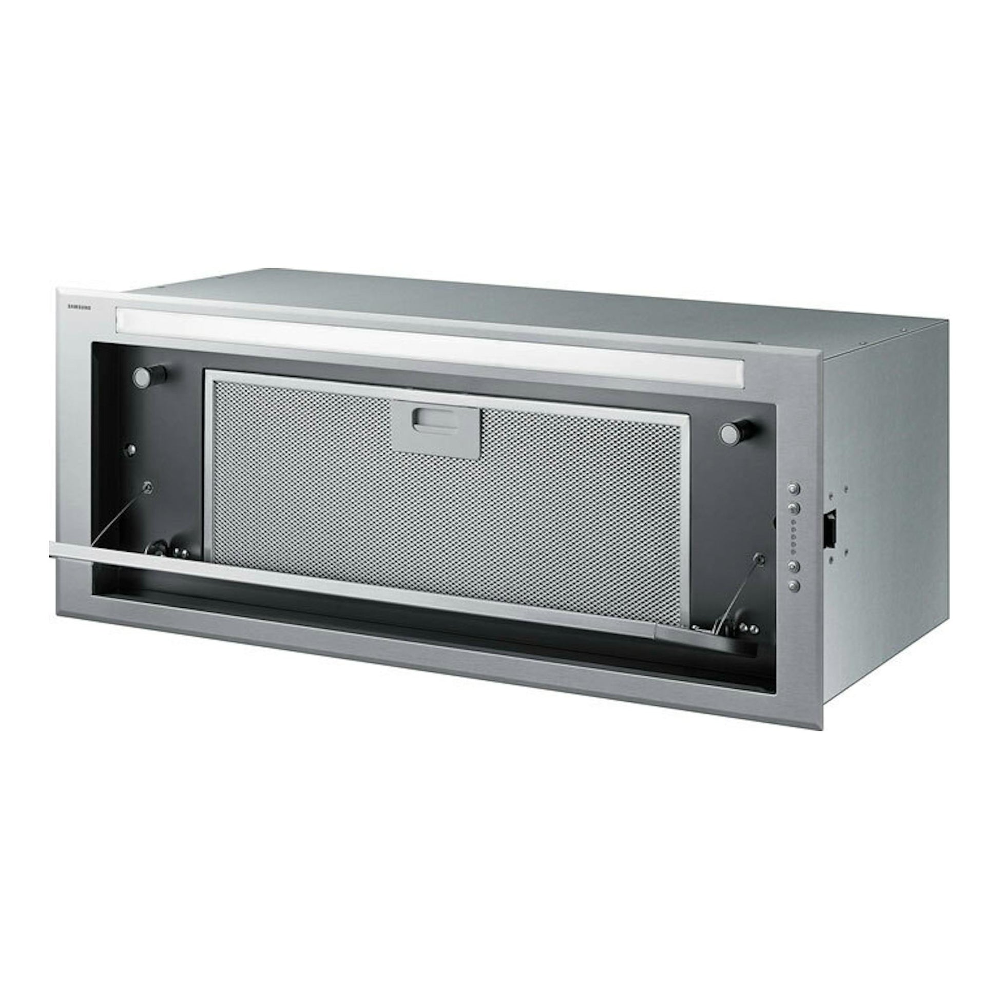 Grupo filtrante Samsung NK72FG455CS/UR de acero inoxidable, vista frontal con panel abatible abierto.