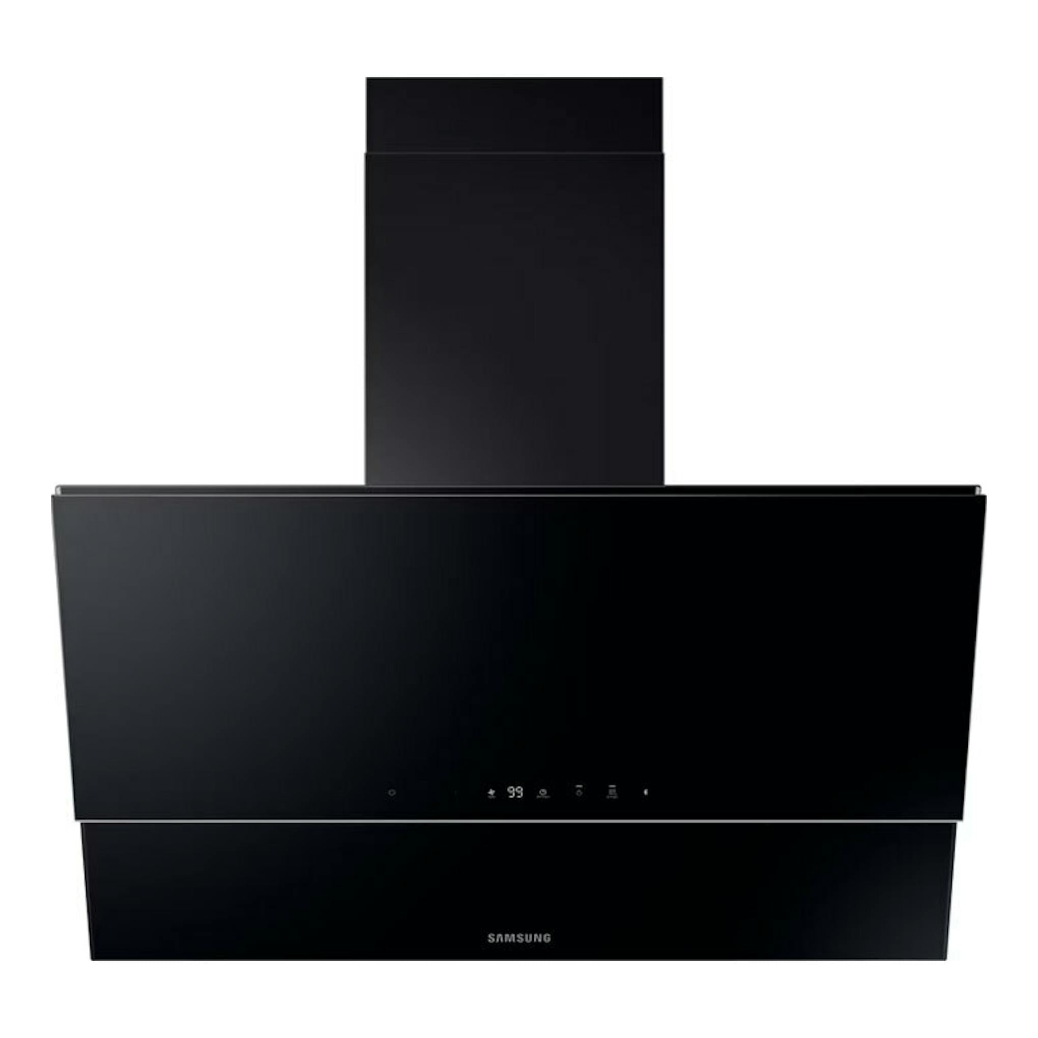 Campana decorativa Samsung NK36C9804WB/UR negra, vista frontal, con panel inclinado y chimenea recta.