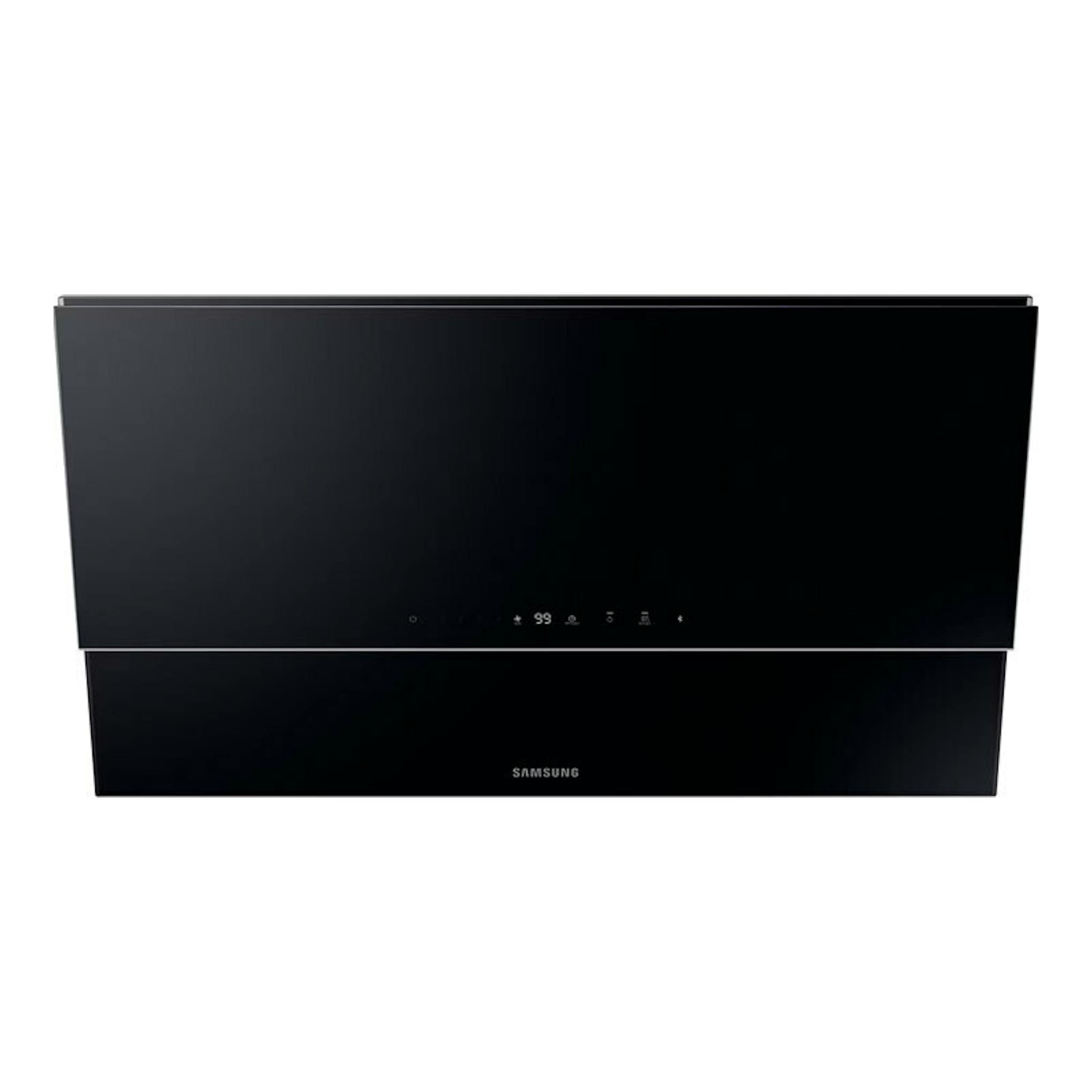 Campana decorativa Samsung NK36C9804WB/UR negra, vista frontal, con panel de control táctil.