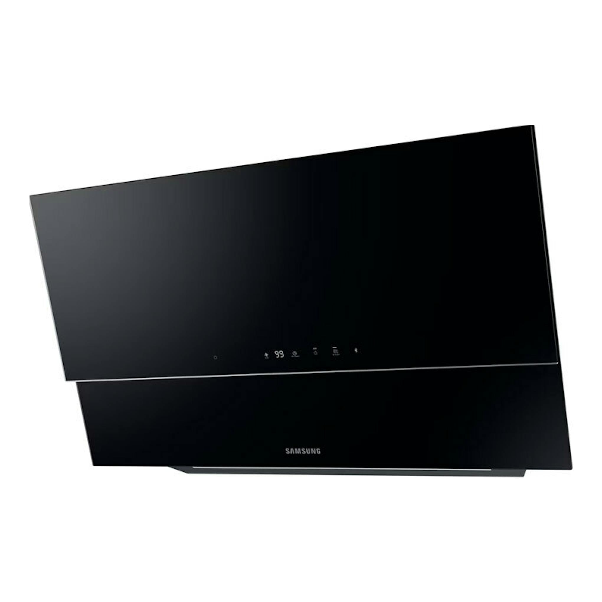 Campana decorativa Samsung NK36C9804WB/UR negra, vista frontal inclinada.