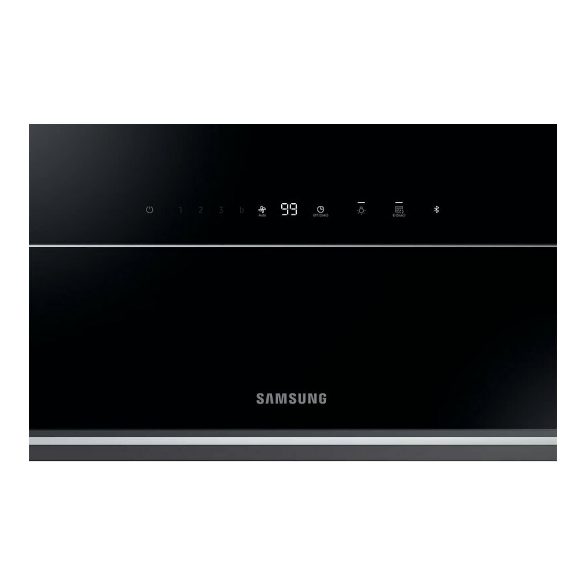 Campana decorativa Samsung NK36C9804WB/UR negra, vista frontal, con panel táctil y logotipo Samsung.
