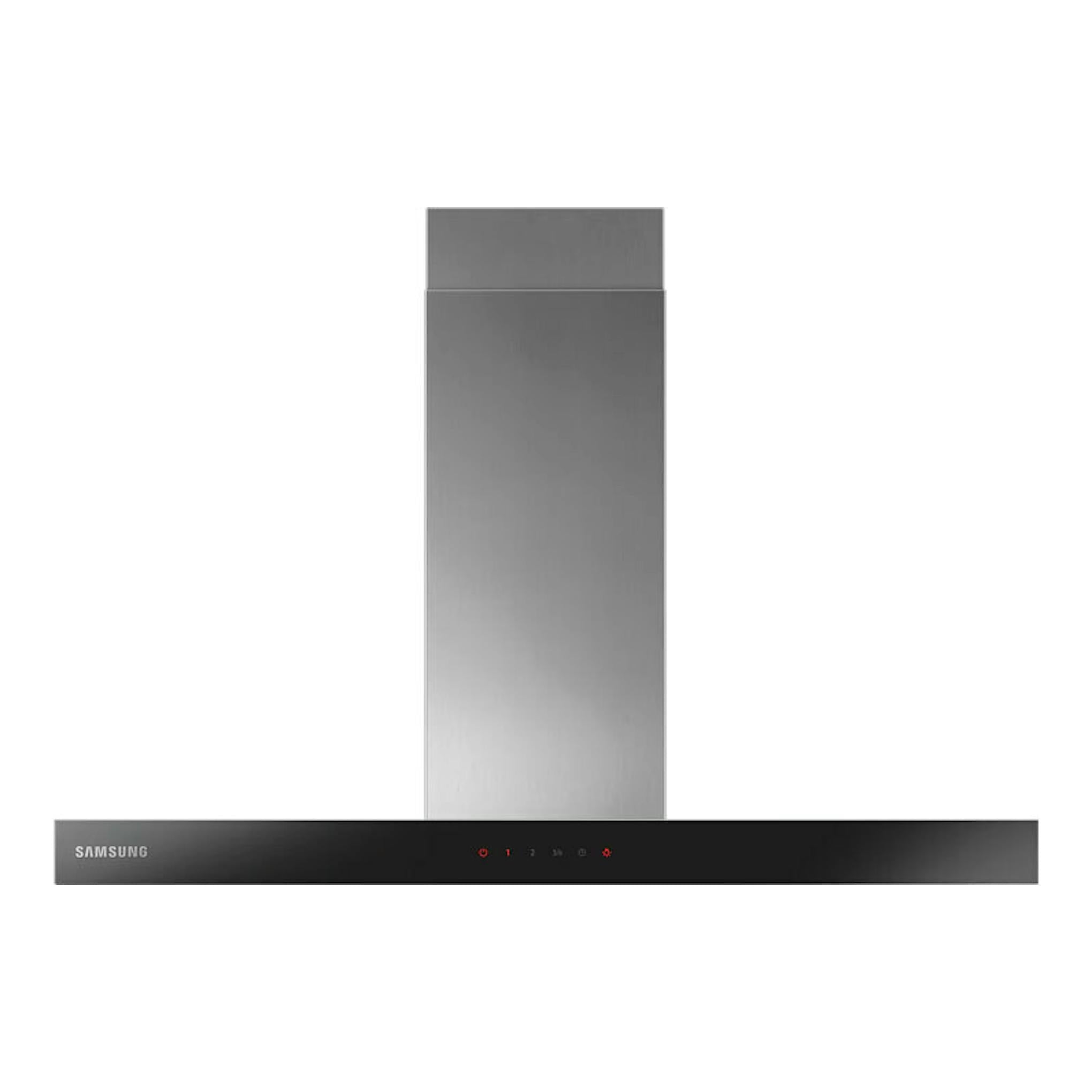 Campana decorativa Samsung NK36C5070US/UR en inox, vista frontal, con cuerpo vertical y panel negro inferior.