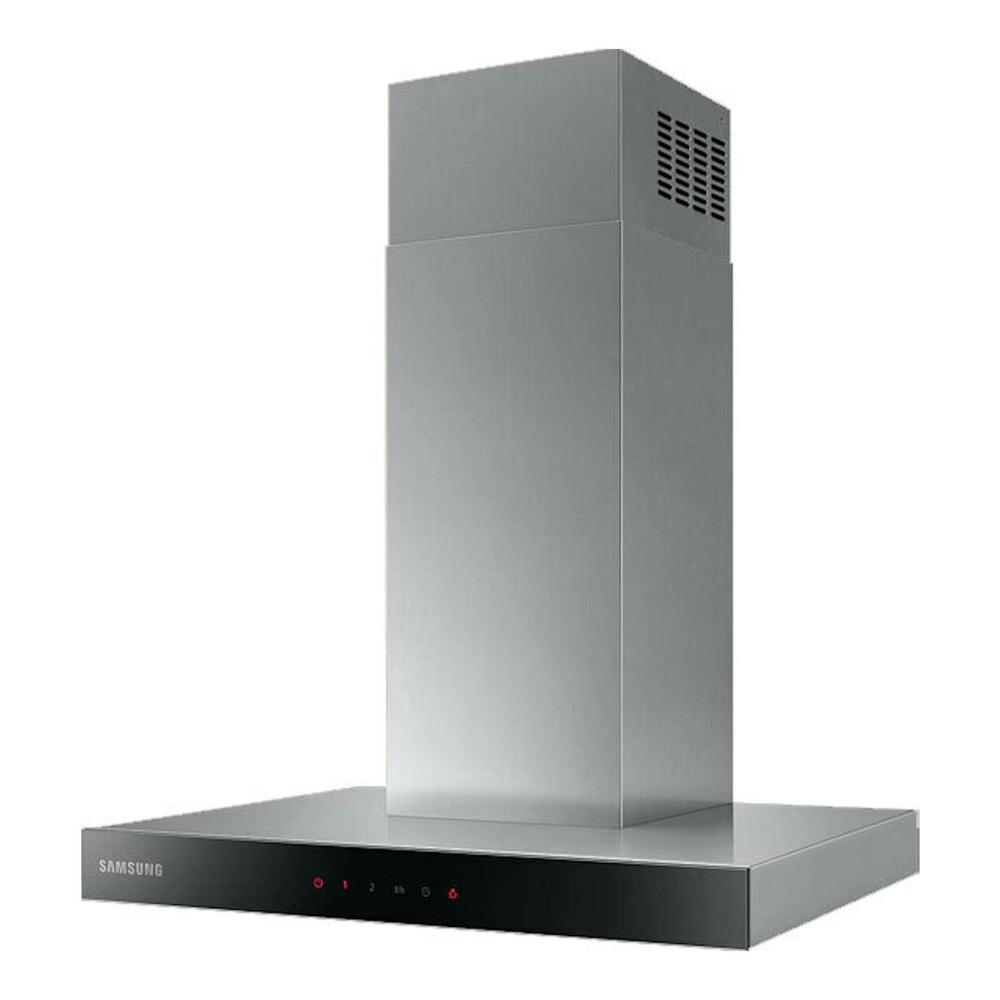 Campana decorativa Samsung NK24C5070US/UR inox, vista frontal en tres cuartos, con chimenea y panel negro.