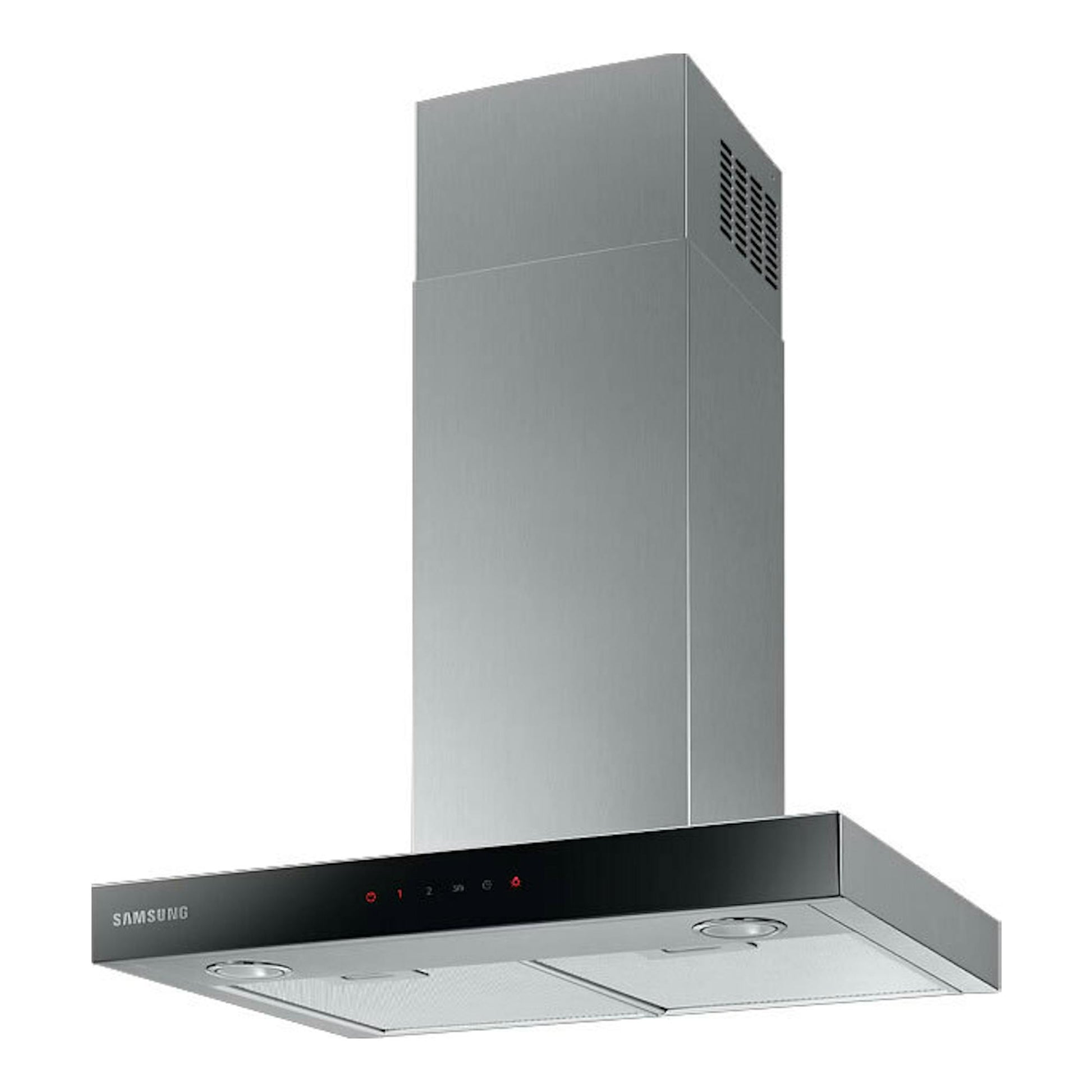 Campana decorativa Samsung NK24C5070US/UR inox, vista frontal en ángulo, con chimenea y panel negro.