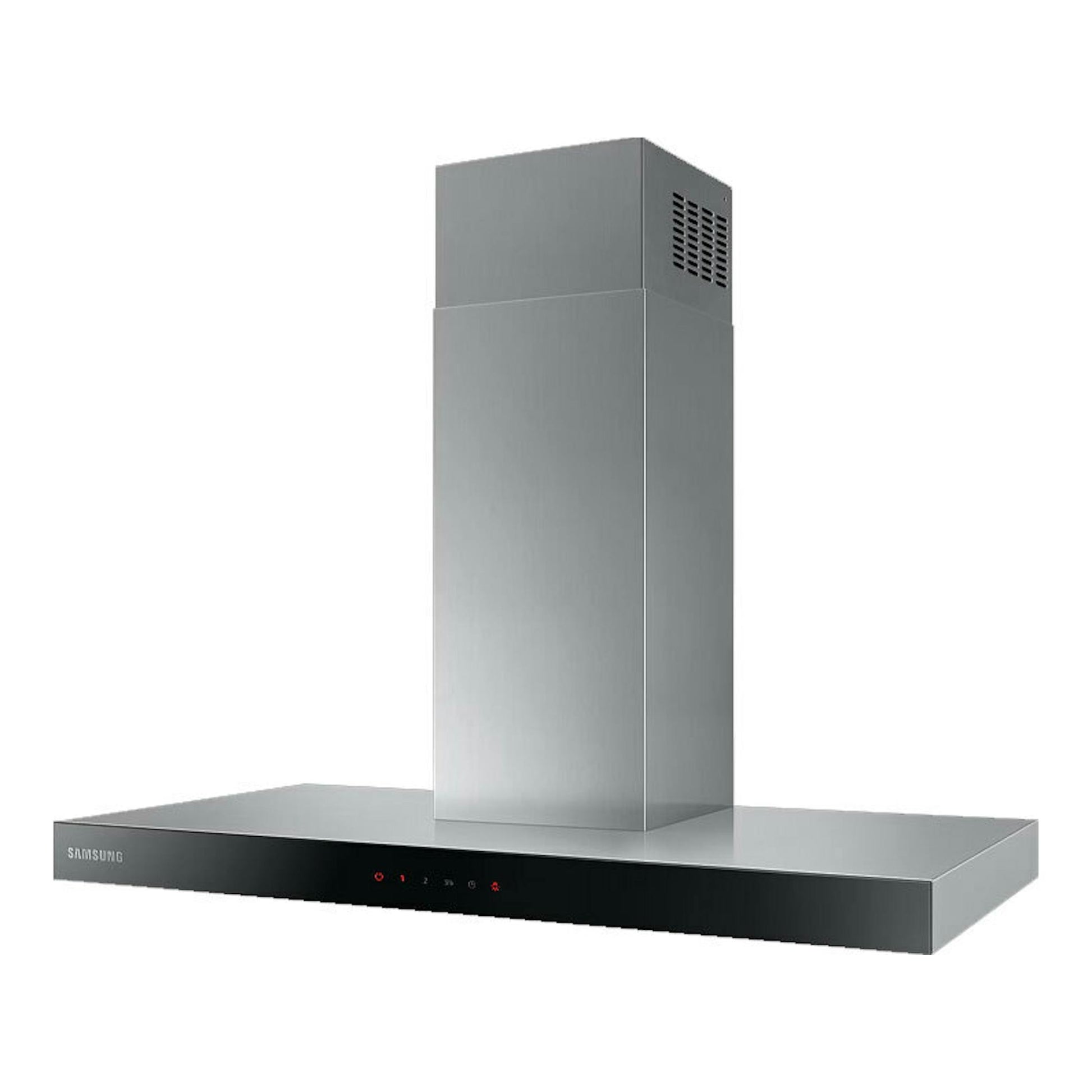 Campana decorativa Samsung NK36C5070US/UR inox, vista frontal en ángulo, con chimenea central.